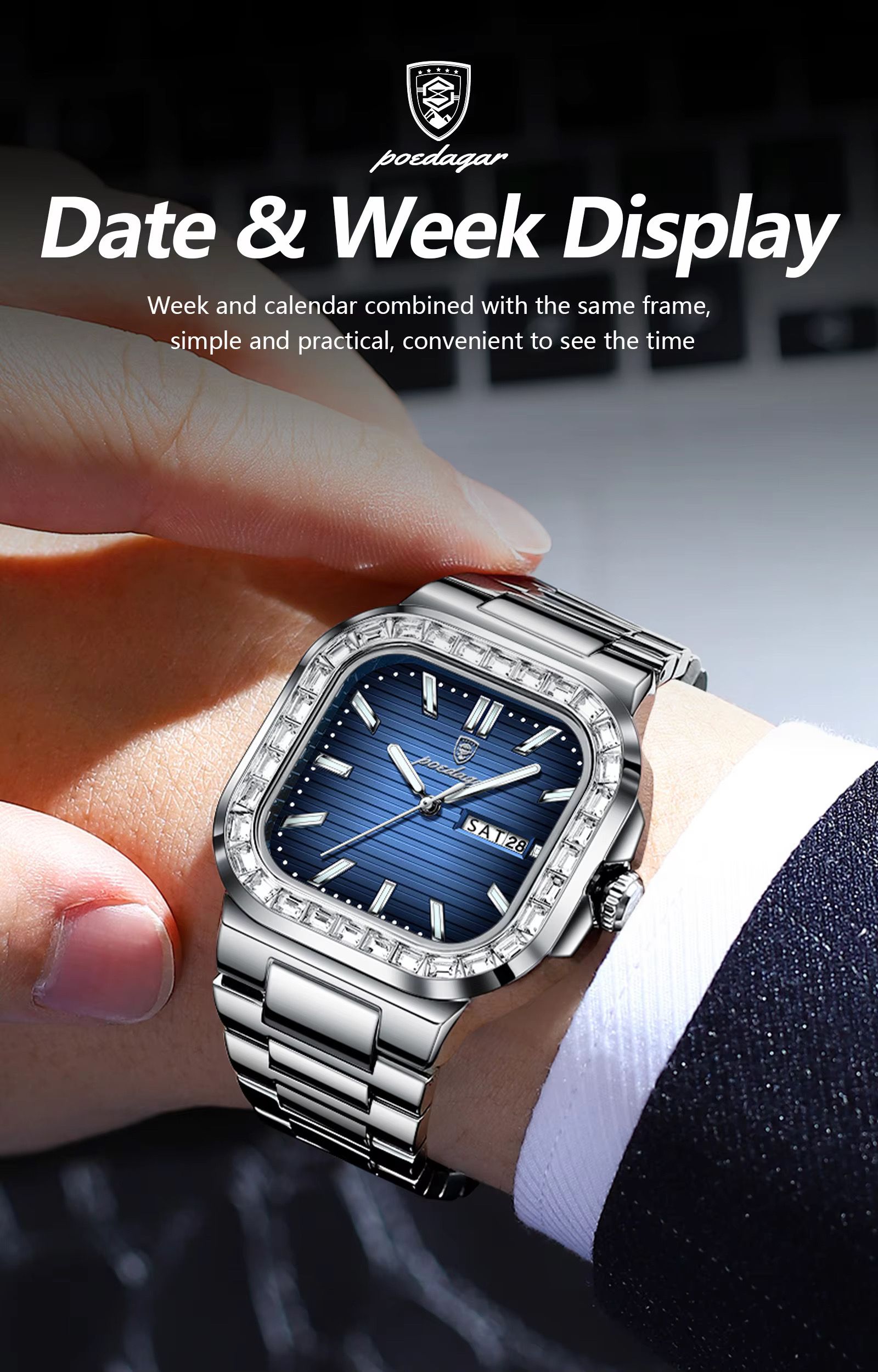 POEDAGAR 975 Watch for Man Waterproof Luminous Date Sport Man Wristwatch Stainless Steel Diamond Men's Watches