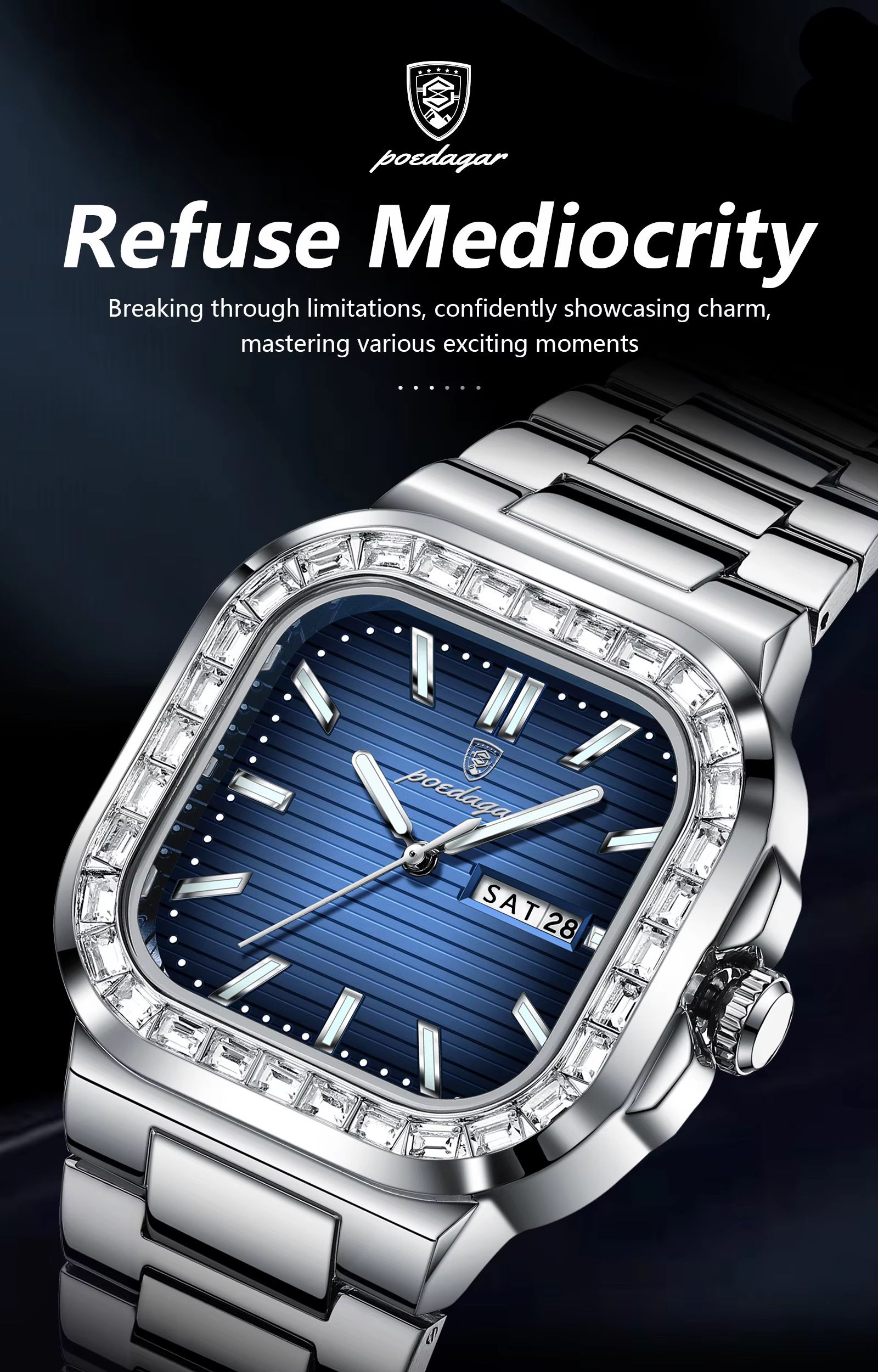 POEDAGAR 975 Watch for Man Waterproof Luminous Date Sport Man Wristwatch Stainless Steel Diamond Men's Watches