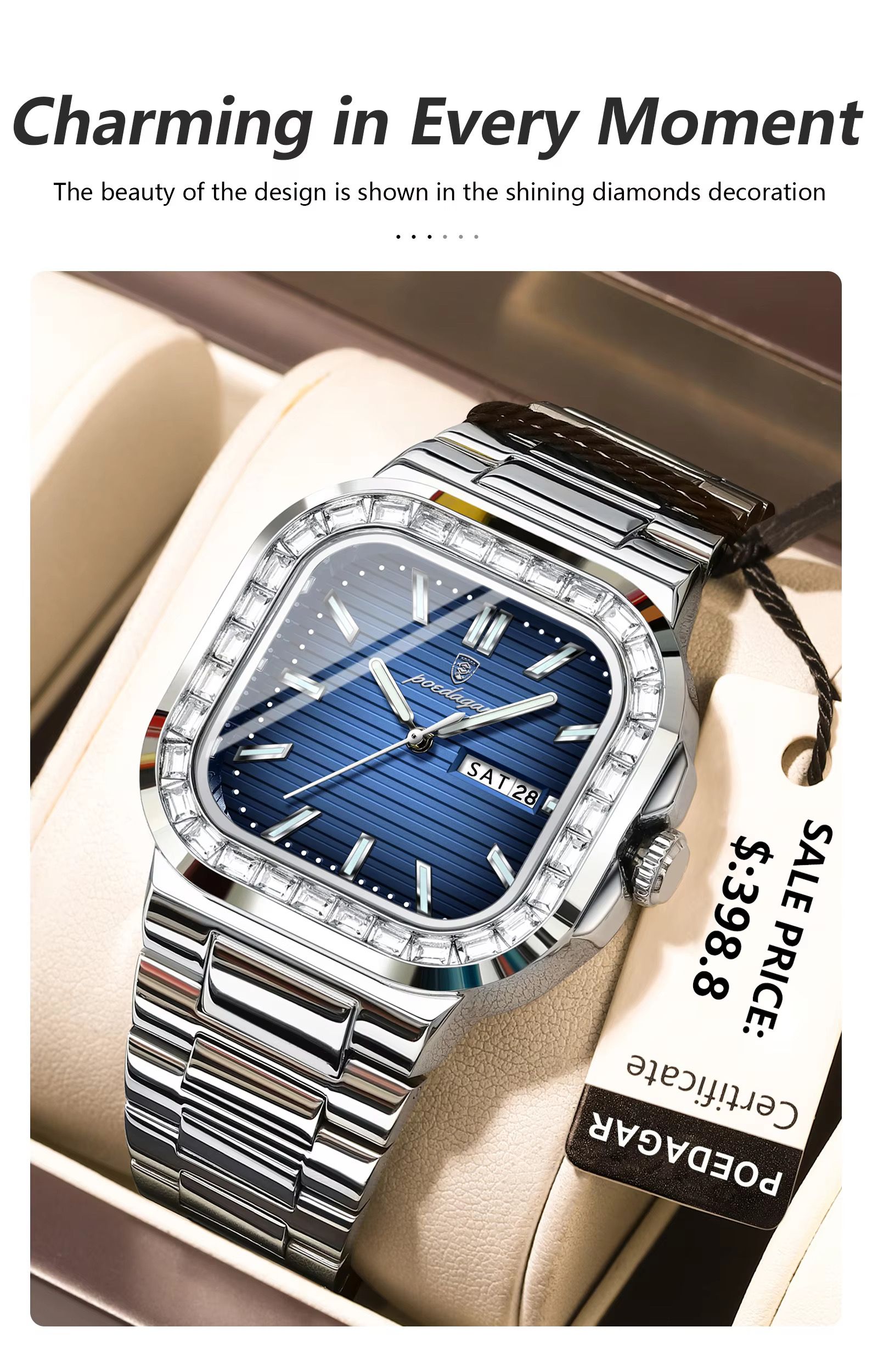 POEDAGAR 975 Watch for Man Waterproof Luminous Date Sport Man Wristwatch Stainless Steel Diamond Men's Watches