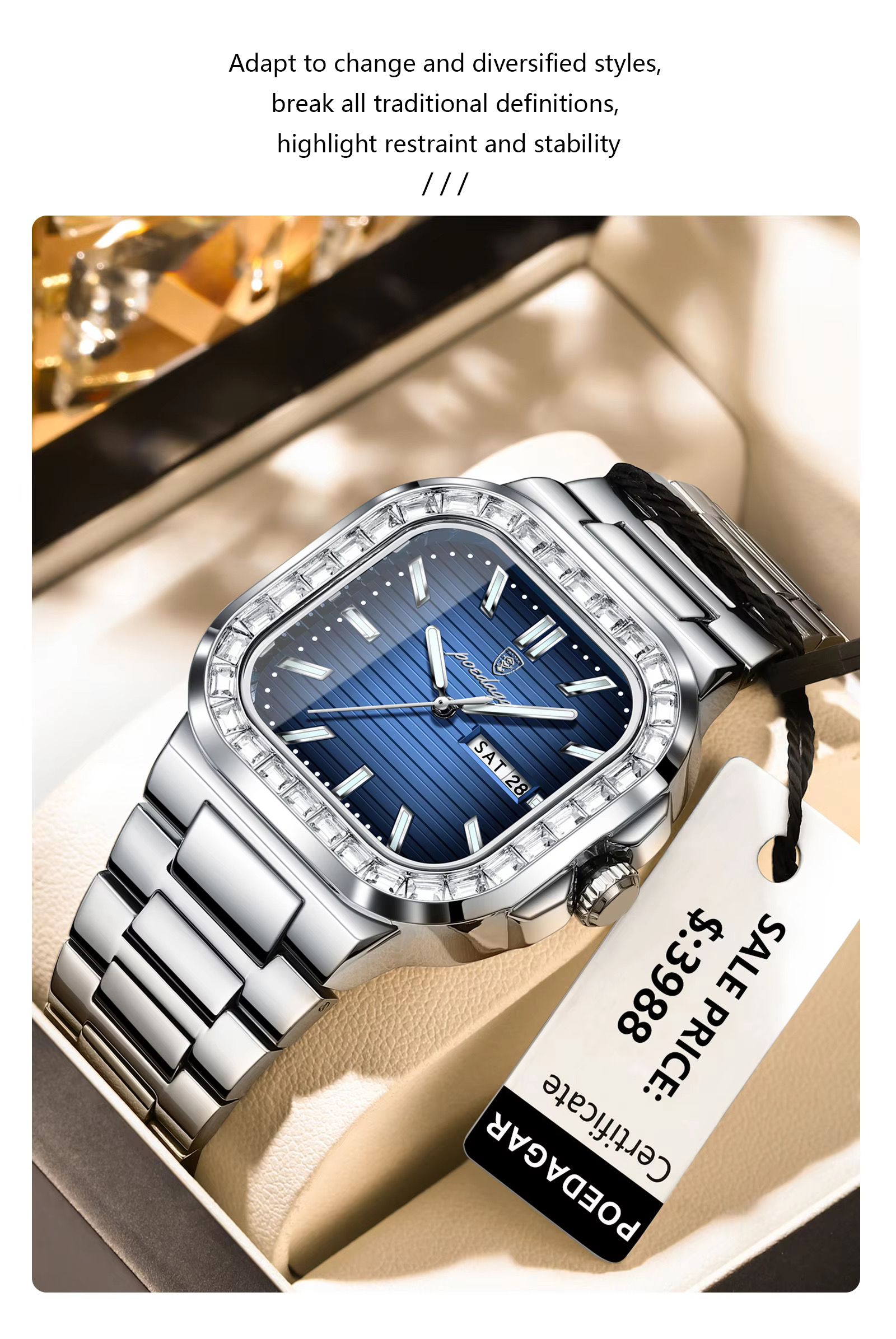 POEDAGAR 975 Watch for Man Waterproof Luminous Date Sport Man Wristwatch Stainless Steel Diamond Men's Watches