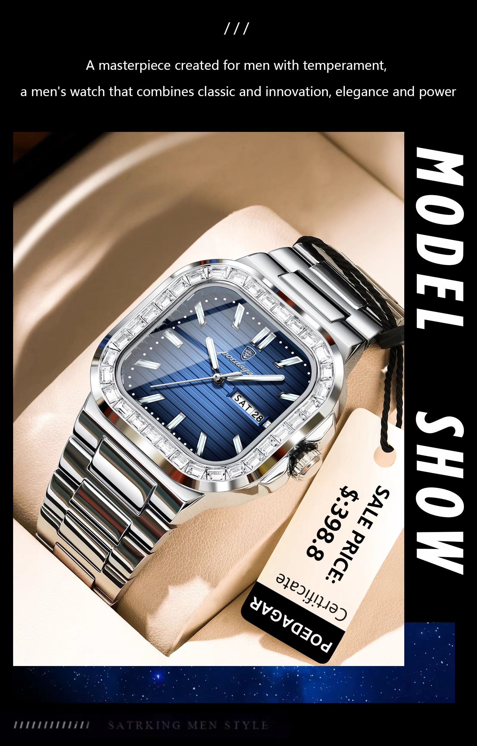 POEDAGAR 975 Watch for Man Waterproof Luminous Date Sport Man Wristwatch Stainless Steel Diamond Men's Watches