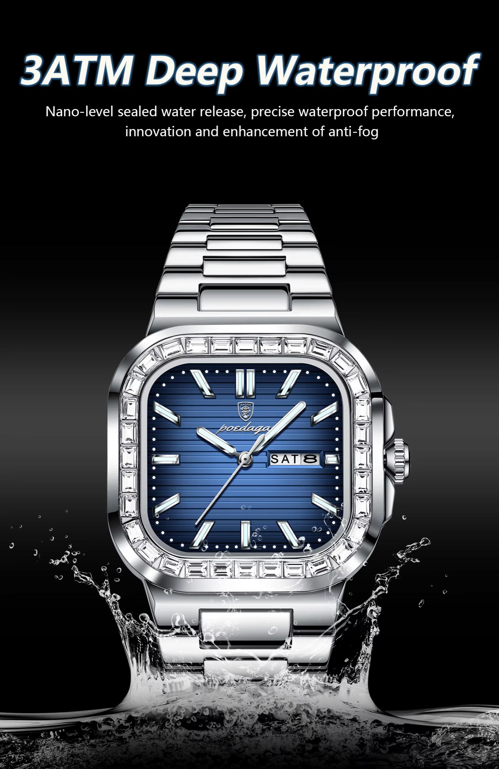 POEDAGAR 975 Watch for Man Waterproof Luminous Date Sport Man Wristwatch Stainless Steel Diamond Men's Watches