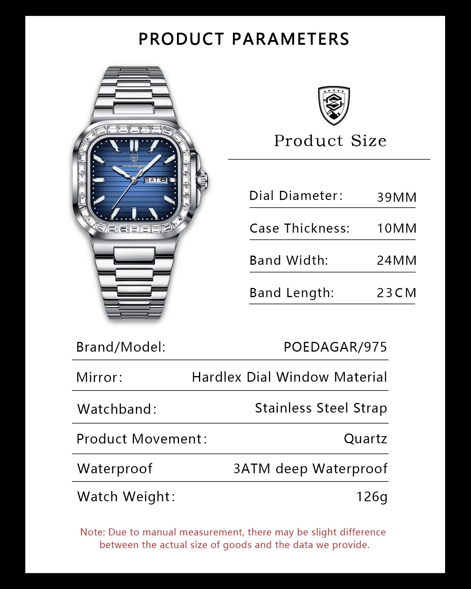 POEDAGAR 975 Watch for Man Waterproof Luminous Date Sport Man Wristwatch Stainless Steel Diamond Men's Watches
