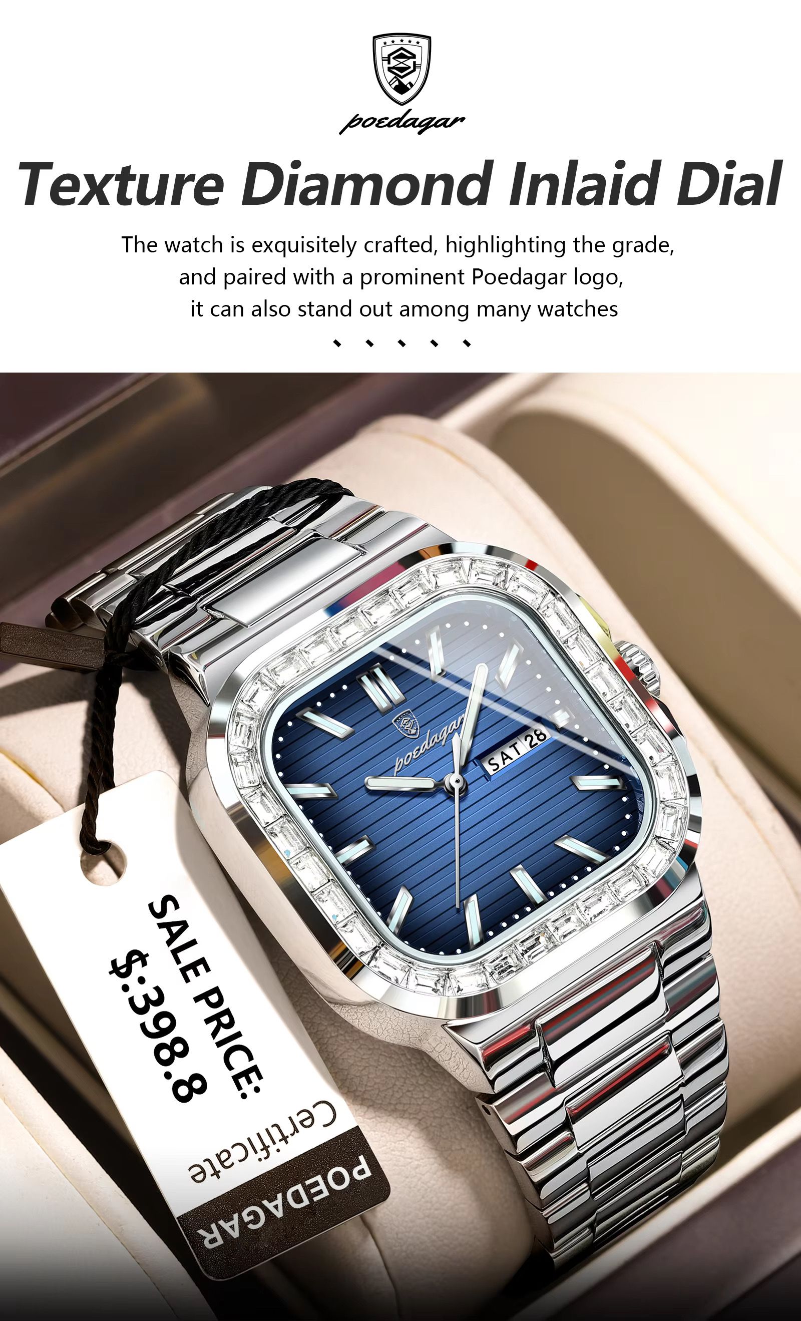 POEDAGAR 975 Watch for Man Waterproof Luminous Date Sport Man Wristwatch Stainless Steel Diamond Men's Watches