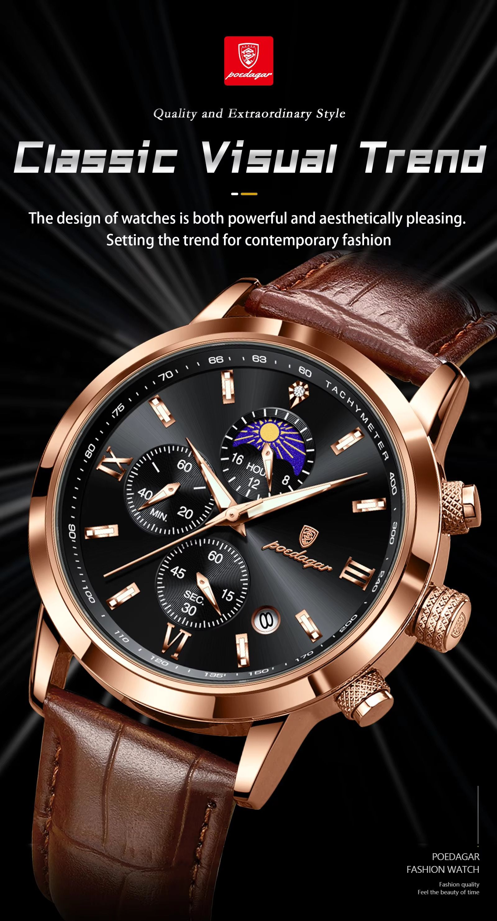 POEDAGAR 882 Men Business Watch Luxury Genuine Leather Waterproof Sport Quartz Wristwatch Chronograph Relogio Masculino Man Gift