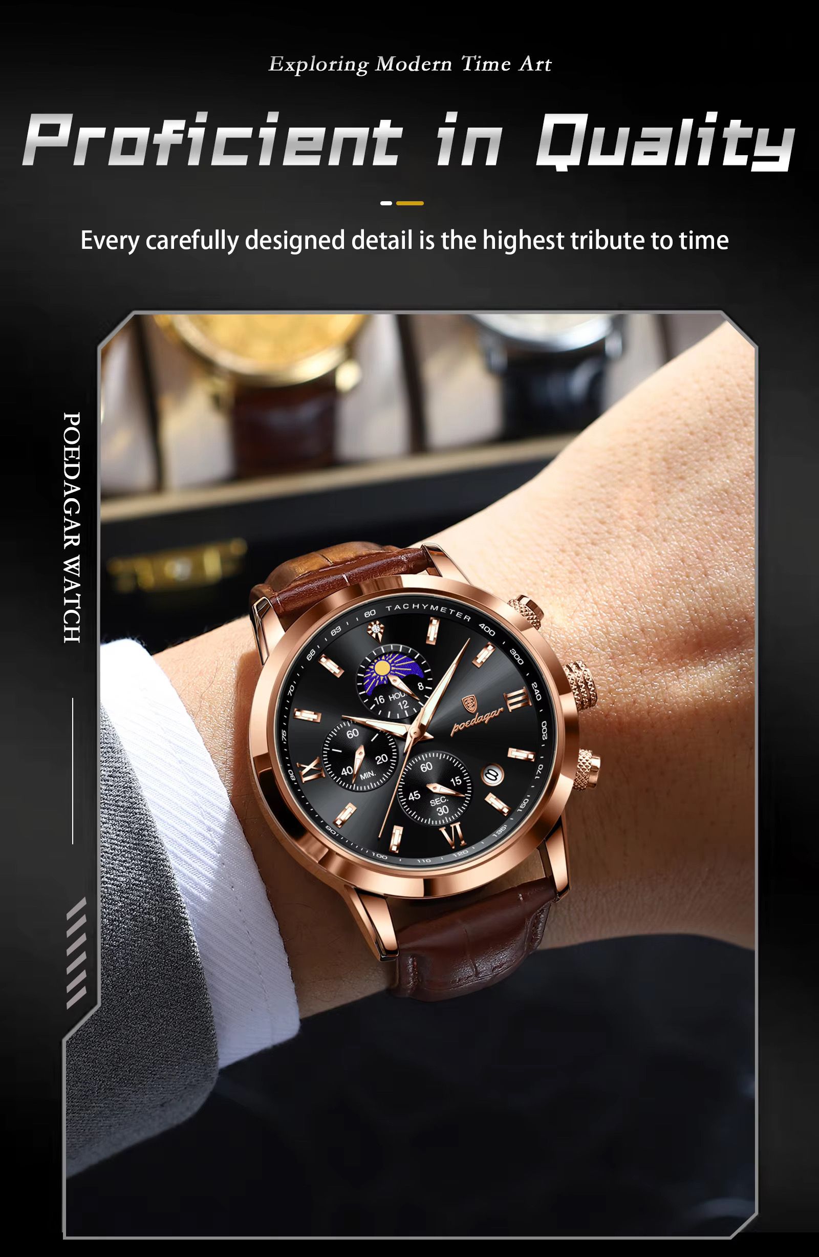 POEDAGAR 882 Men Business Watch Luxury Genuine Leather Waterproof Sport Quartz Wristwatch Chronograph Relogio Masculino Man Gift