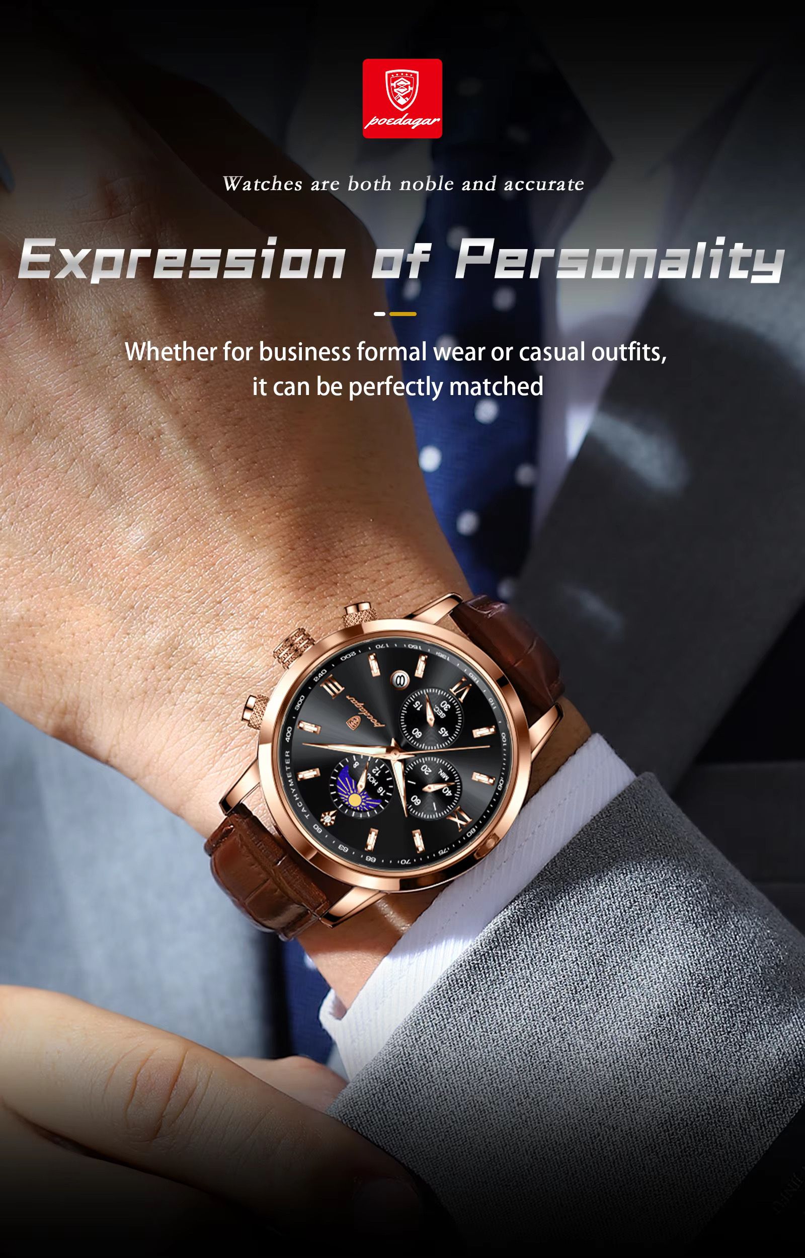 POEDAGAR 882 Men Business Watch Luxury Genuine Leather Waterproof Sport Quartz Wristwatch Chronograph Relogio Masculino Man Gift