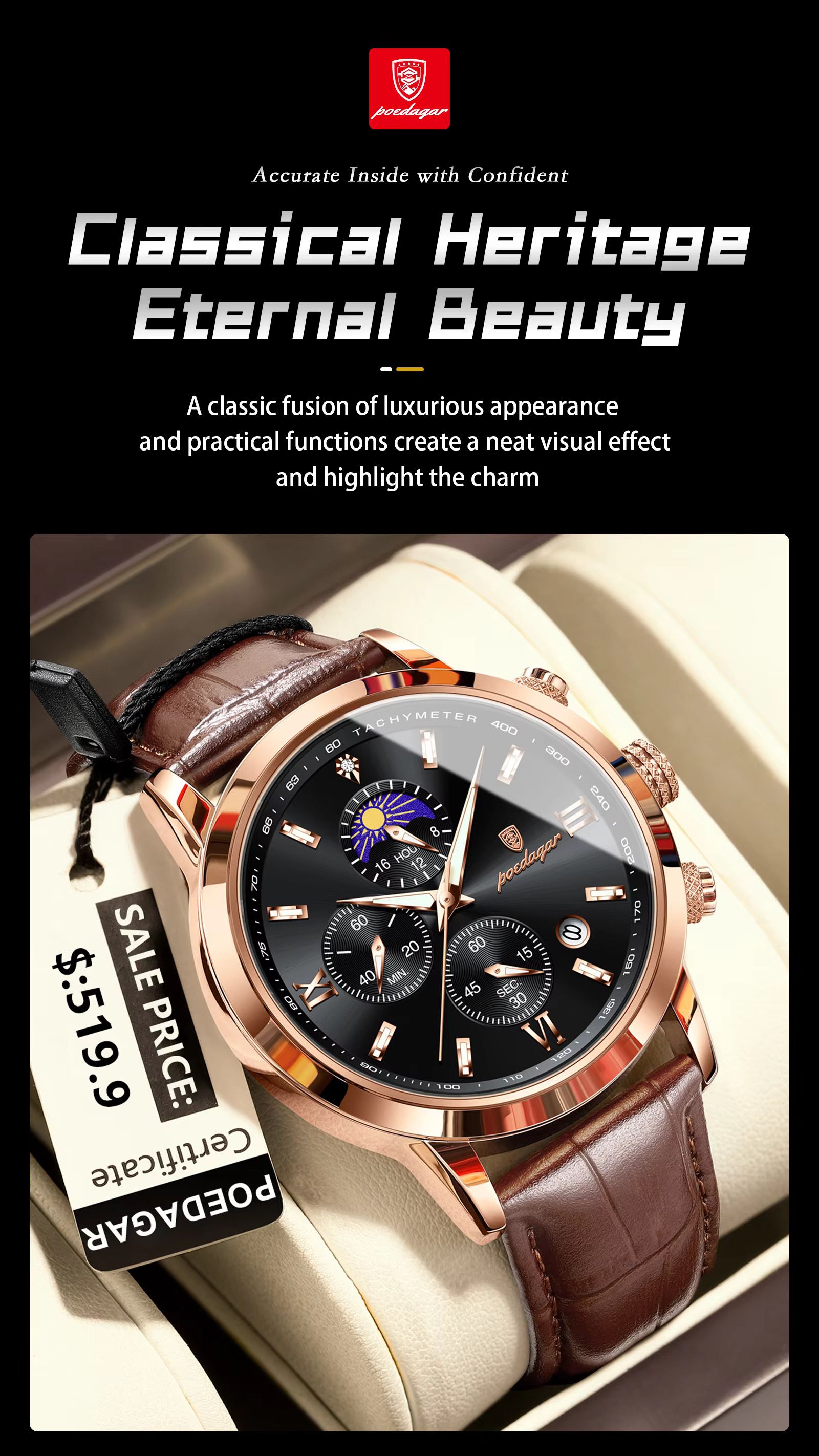 POEDAGAR 882 Men Business Watch Luxury Genuine Leather Waterproof Sport Quartz Wristwatch Chronograph Relogio Masculino Man Gift