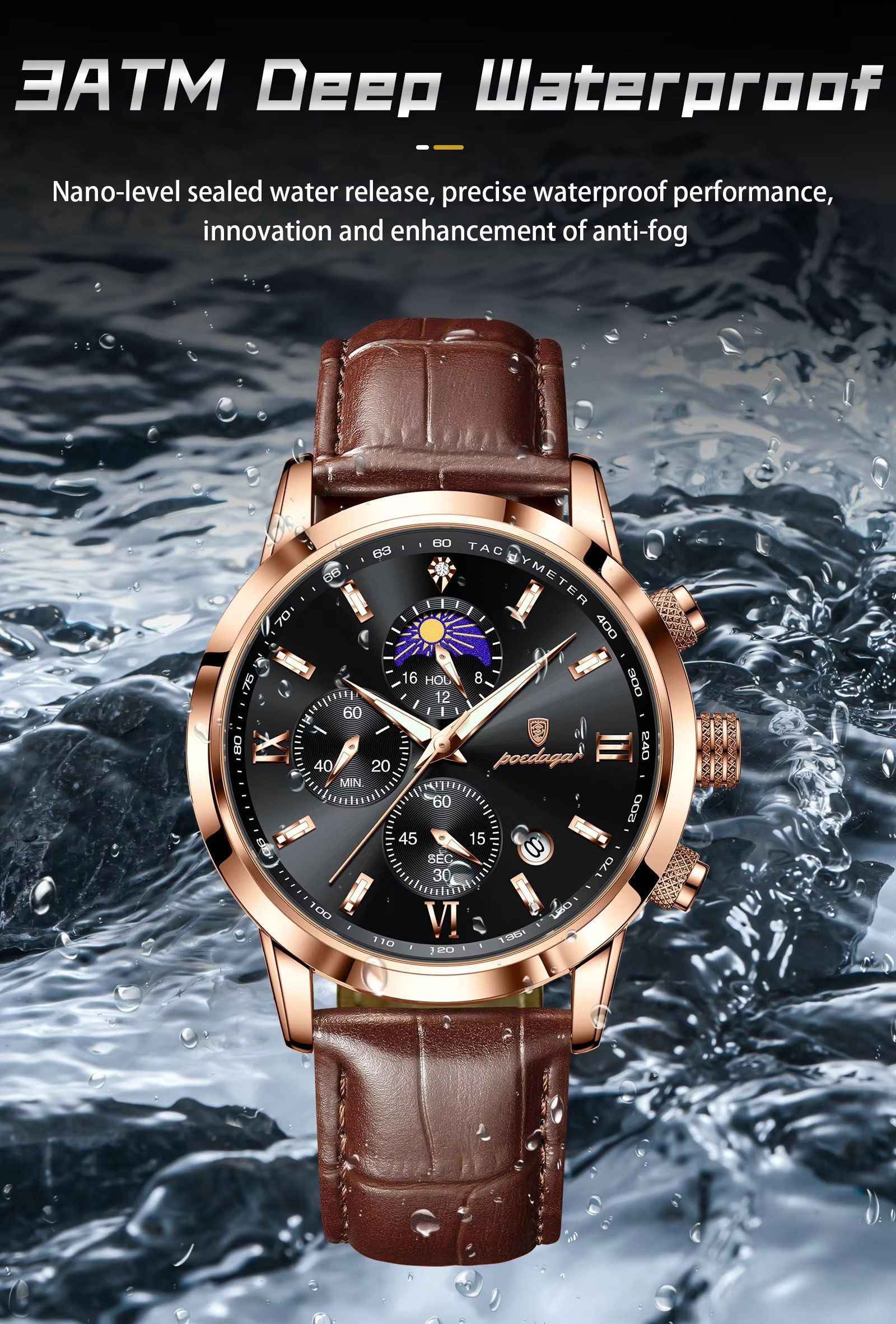 POEDAGAR 882 Men Business Watch Luxury Genuine Leather Waterproof Sport Quartz Wristwatch Chronograph Relogio Masculino Man Gift