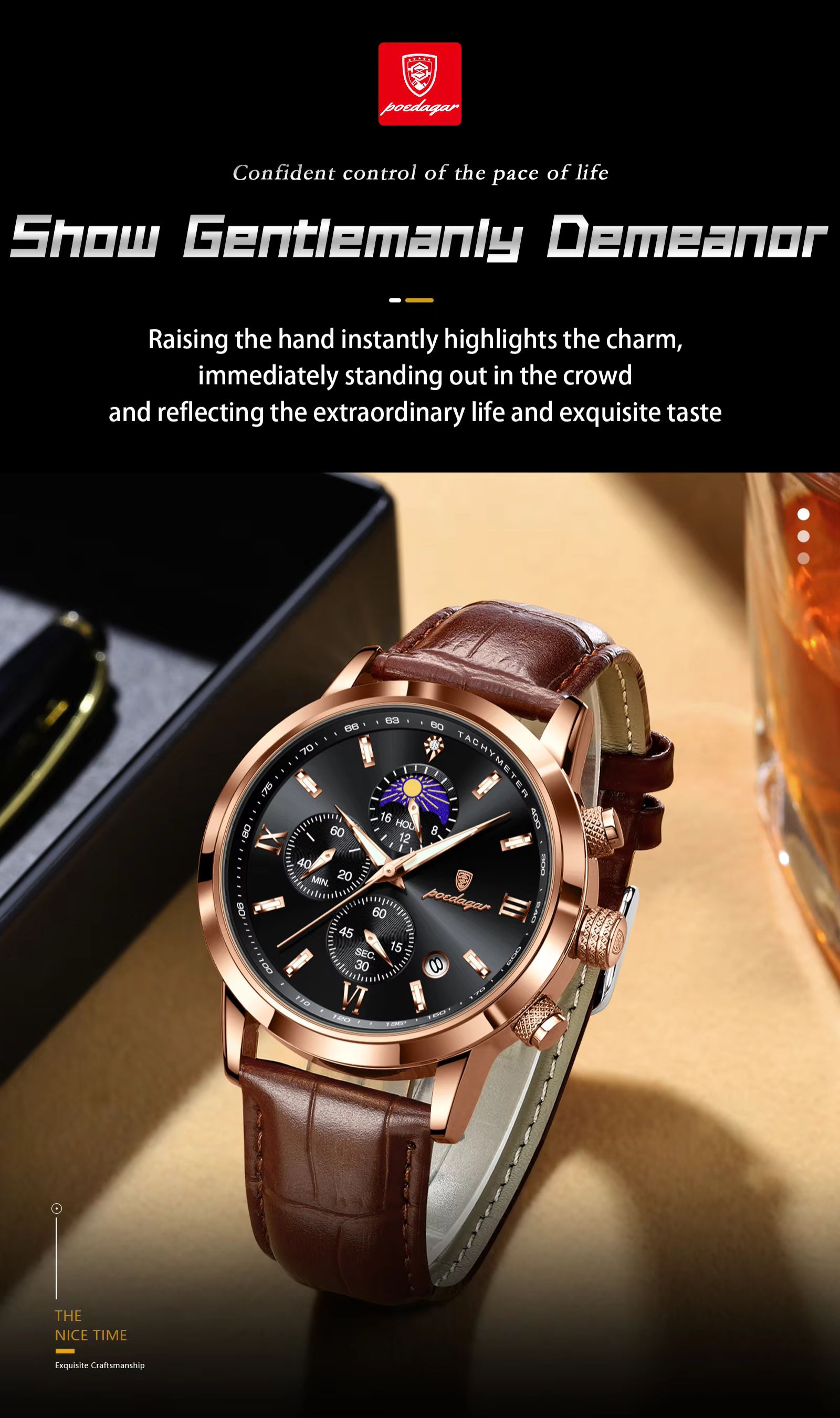 POEDAGAR 882 Men Business Watch Luxury Genuine Leather Waterproof Sport Quartz Wristwatch Chronograph Relogio Masculino Man Gift