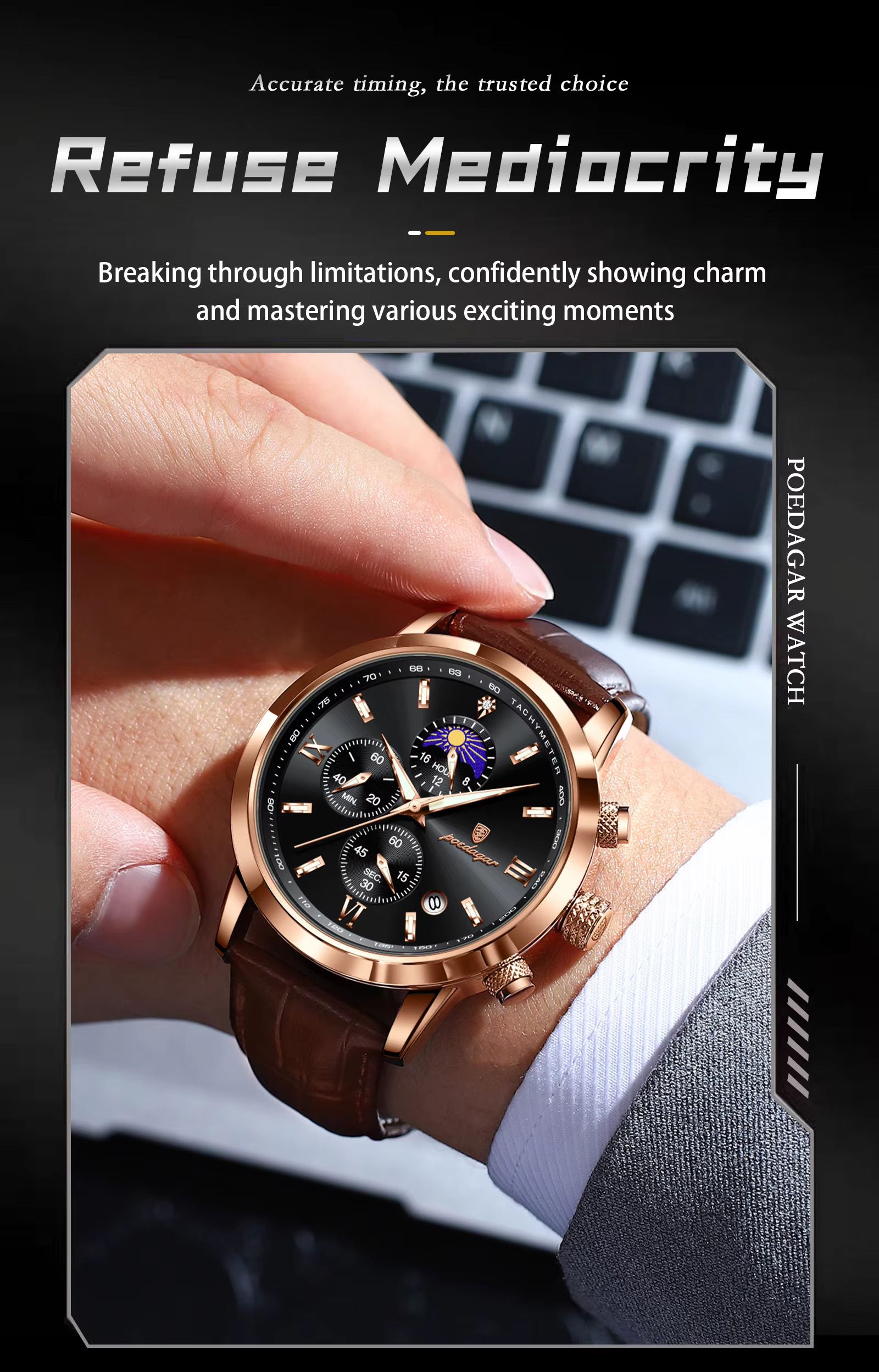 POEDAGAR 882 Men Business Watch Luxury Genuine Leather Waterproof Sport Quartz Wristwatch Chronograph Relogio Masculino Man Gift