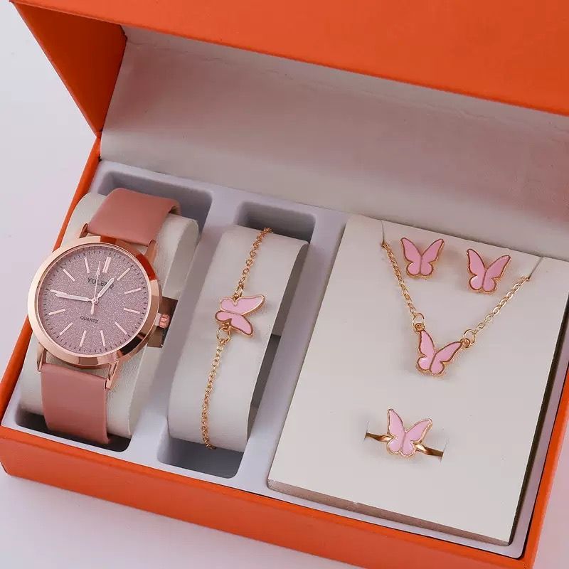 Hot Selling Girl's Gift Delicate 6pcs Ladies Bracelet Watch Set Steel Flower Band Women Quartz Watches Butterfly Jewelry Sets