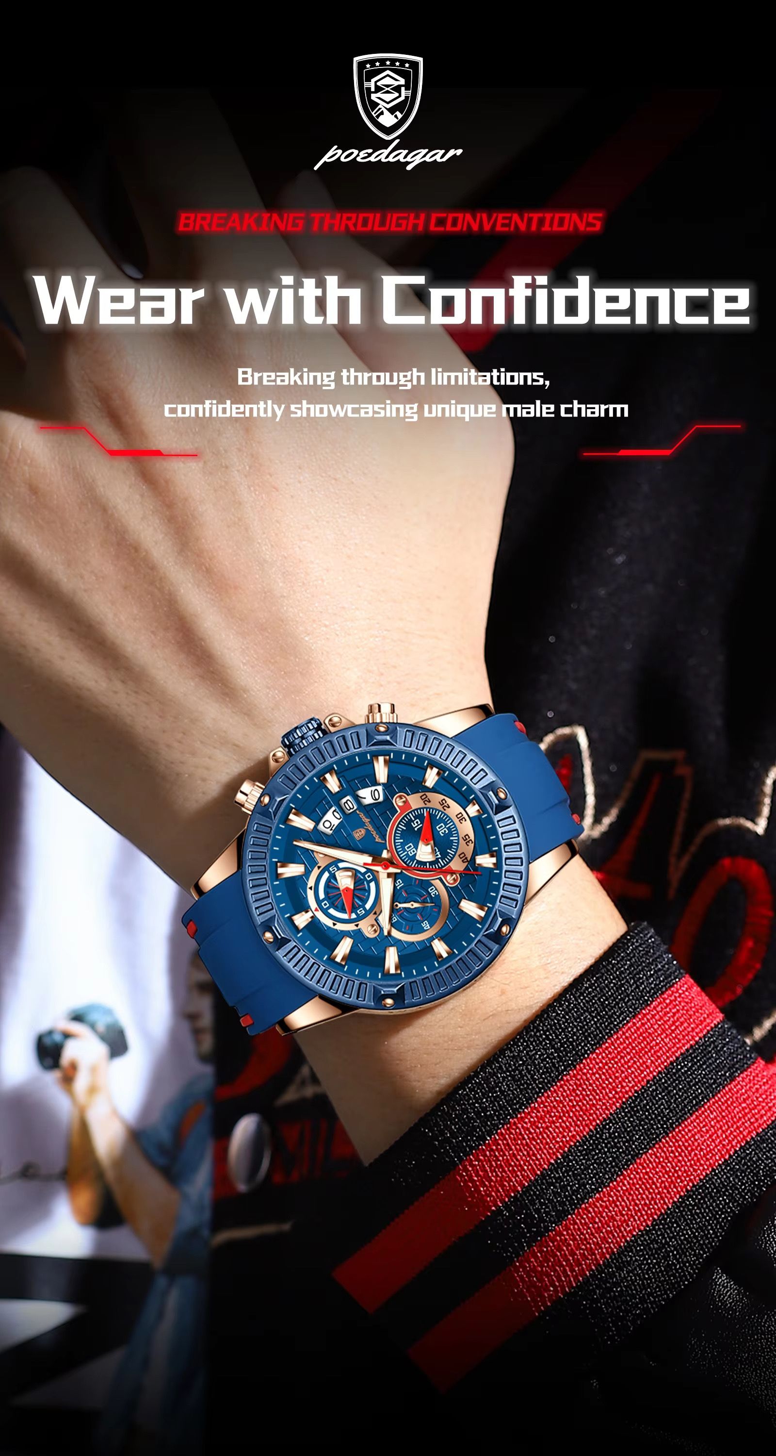 POEDAGAR 686 New Silicone Strap Timing Watch Men's Quartz Movement Luminous Hands Date Business Style Men's Watch