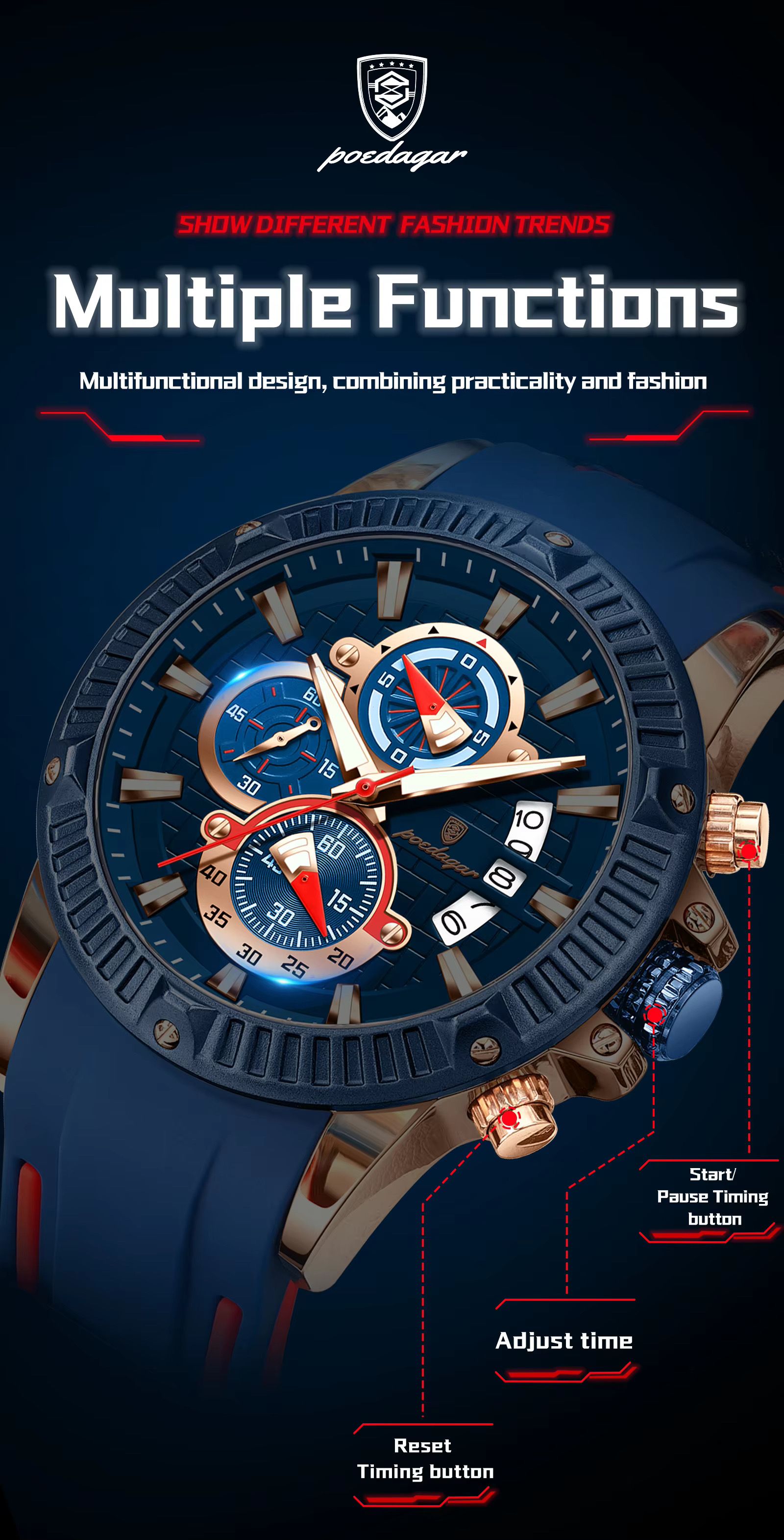 POEDAGAR 686 New Silicone Strap Timing Watch Men's Quartz Movement Luminous Hands Date Business Style Men's Watch