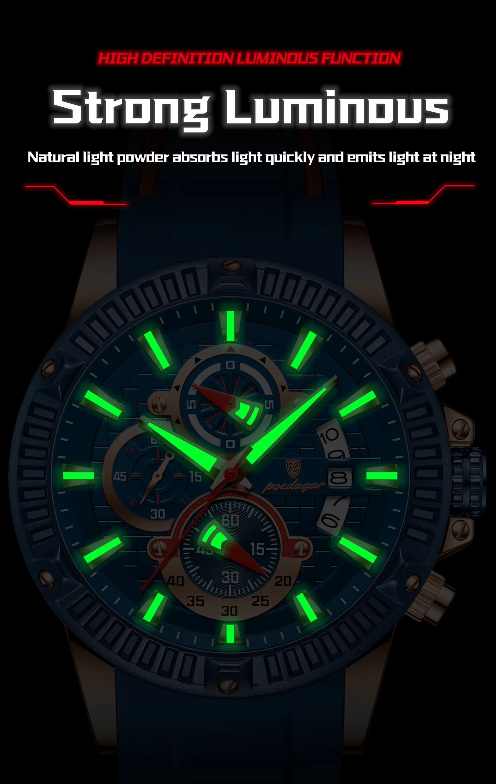 POEDAGAR 686 New Silicone Strap Timing Watch Men's Quartz Movement Luminous Hands Date Business Style Men's Watch