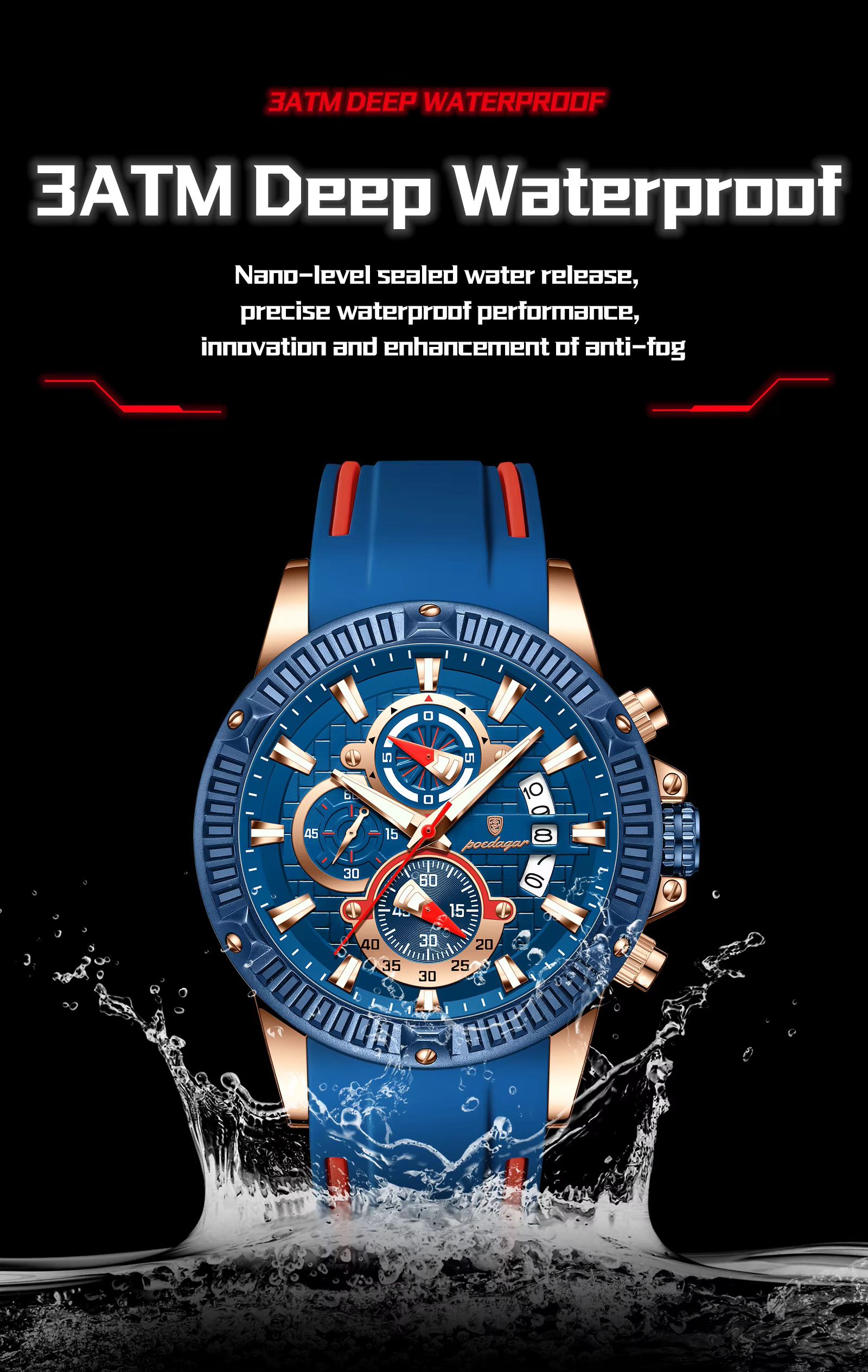POEDAGAR 686 New Silicone Strap Timing Watch Men's Quartz Movement Luminous Hands Date Business Style Men's Watch