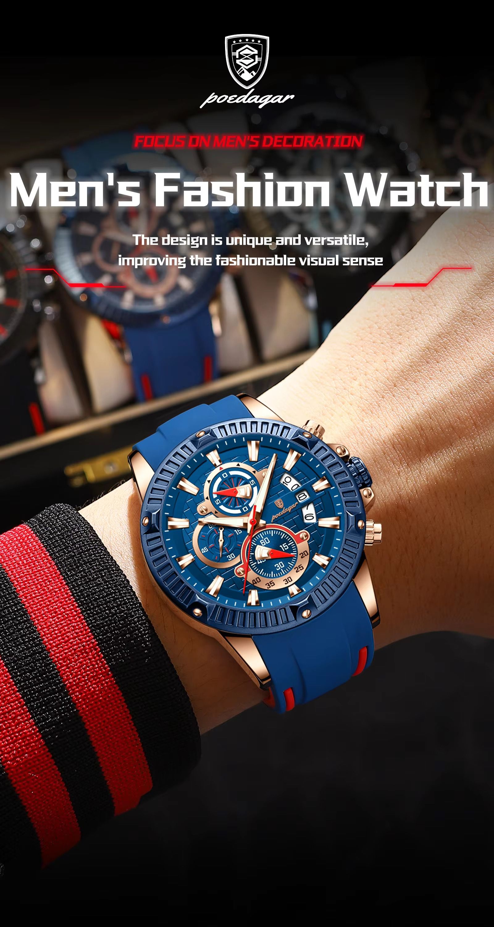 POEDAGAR 686 New Silicone Strap Timing Watch Men's Quartz Movement Luminous Hands Date Business Style Men's Watch