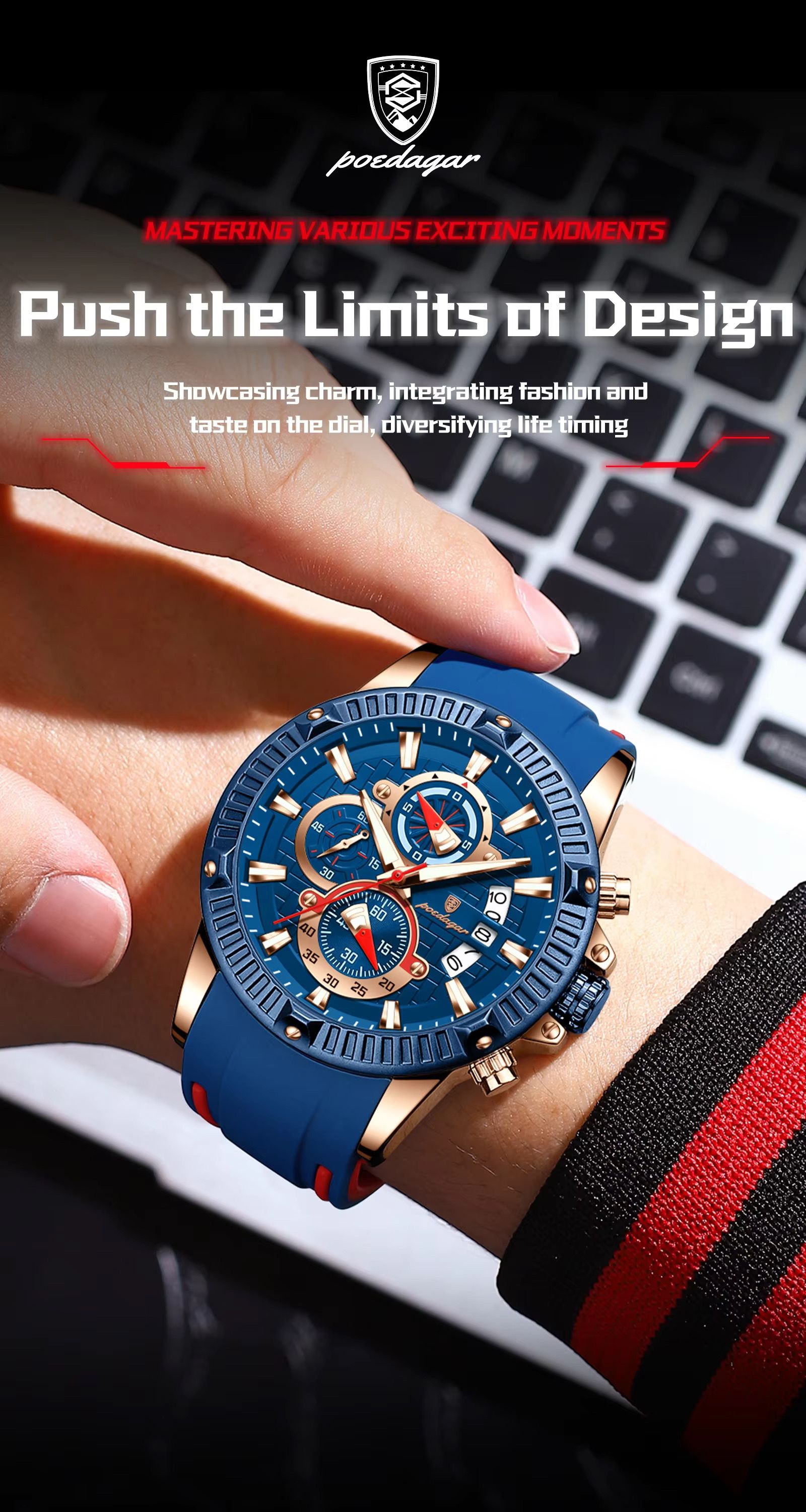 POEDAGAR 686 New Silicone Strap Timing Watch Men's Quartz Movement Luminous Hands Date Business Style Men's Watch