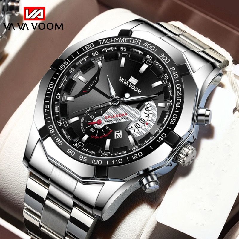 Hot Sale VAVA VOOM 238 Luxury Watch Fashion Casual Black Quartz Chronograph Sports Wristwatch Full Steel Waterproof Men's Clock