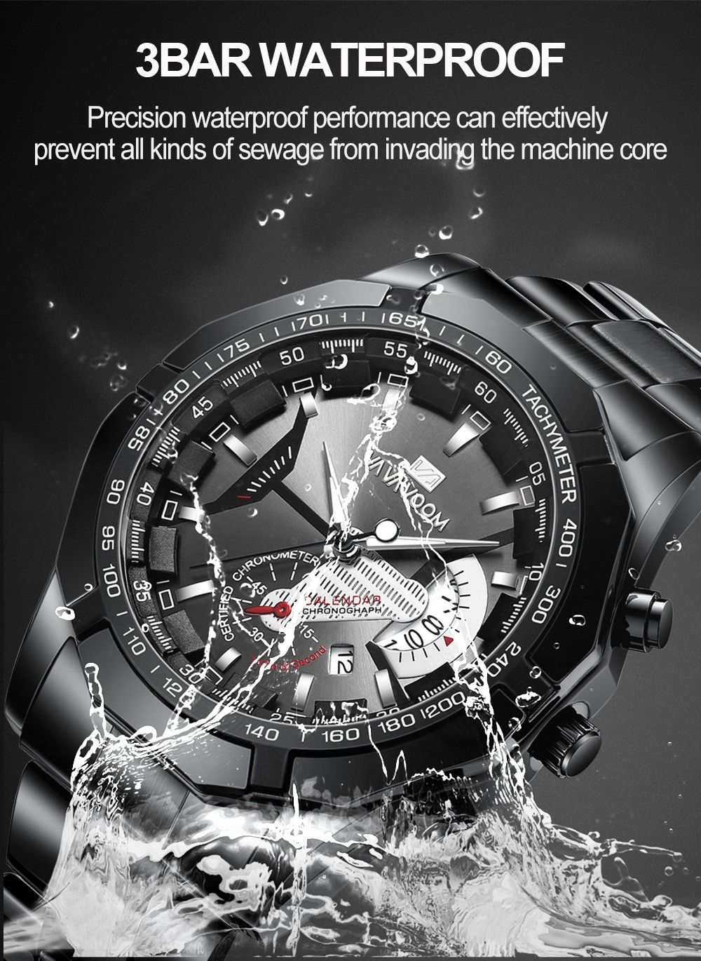 Hot Sale VAVA VOOM 238 Luxury Watch Fashion Casual Black Quartz Chronograph Sports Wristwatch Full Steel Waterproof Men's Clock