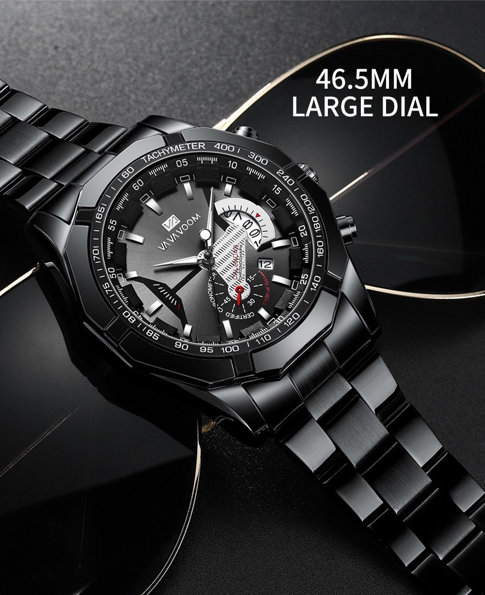 Hot Sale VAVA VOOM 238 Luxury Watch Fashion Casual Black Quartz Chronograph Sports Wristwatch Full Steel Waterproof Men's Clock