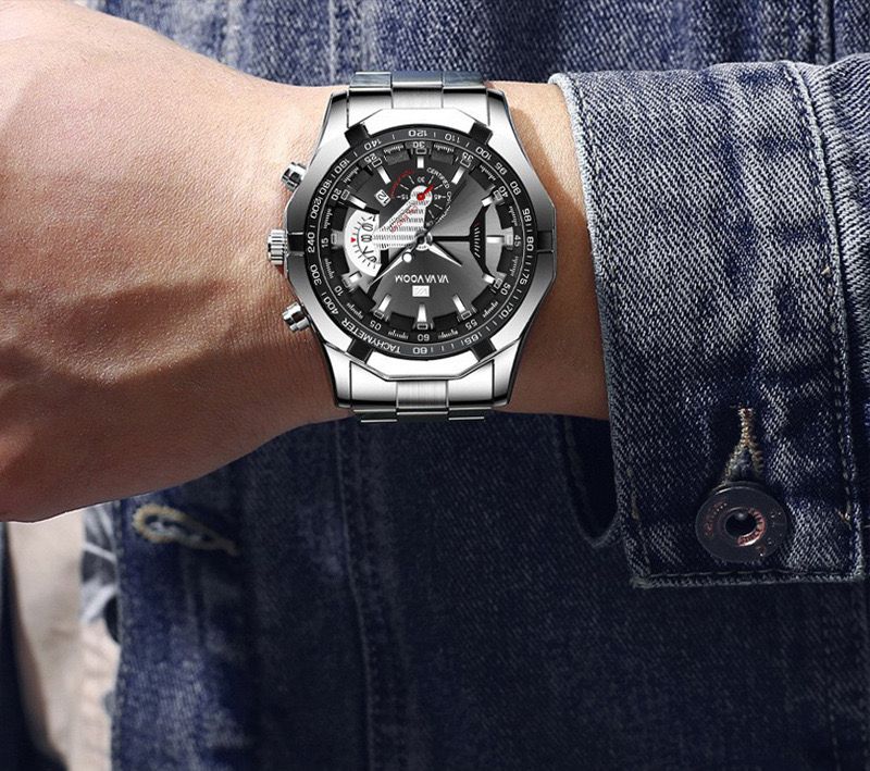 Hot Sale VAVA VOOM 238 Luxury Watch Fashion Casual Black Quartz Chronograph Sports Wristwatch Full Steel Waterproof Men's Clock