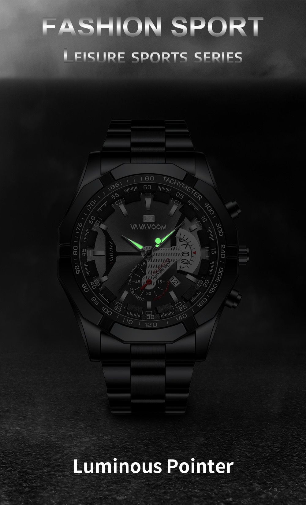 Hot Sale VAVA VOOM 238 Luxury Watch Fashion Casual Black Quartz Chronograph Sports Wristwatch Full Steel Waterproof Men's Clock