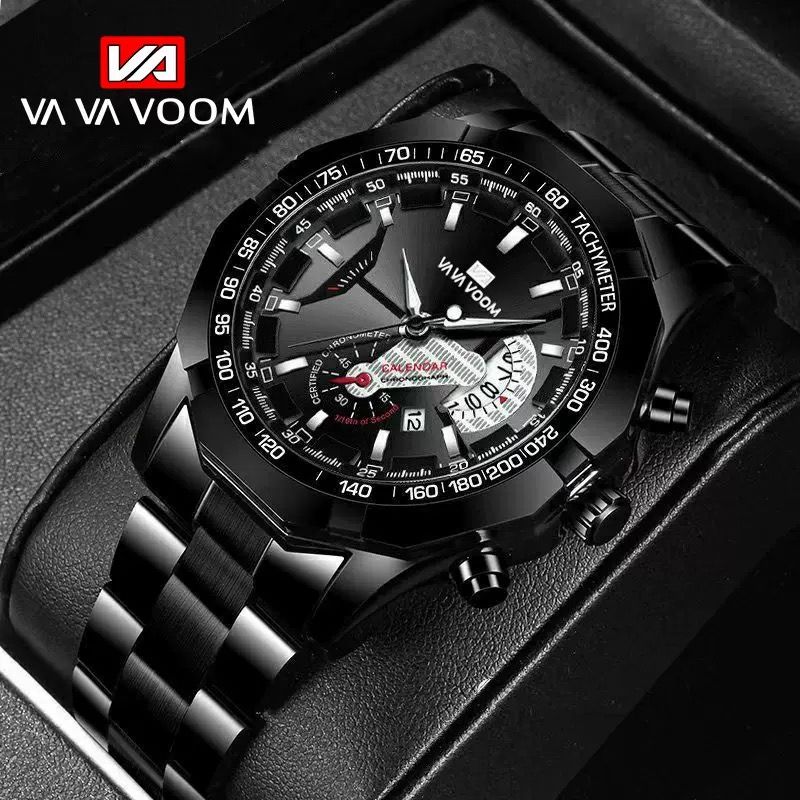 Hot Sale VAVA VOOM 238 Luxury Watch Fashion Casual Black Quartz Chronograph Sports Wristwatch Full Steel Waterproof Men's Clock
