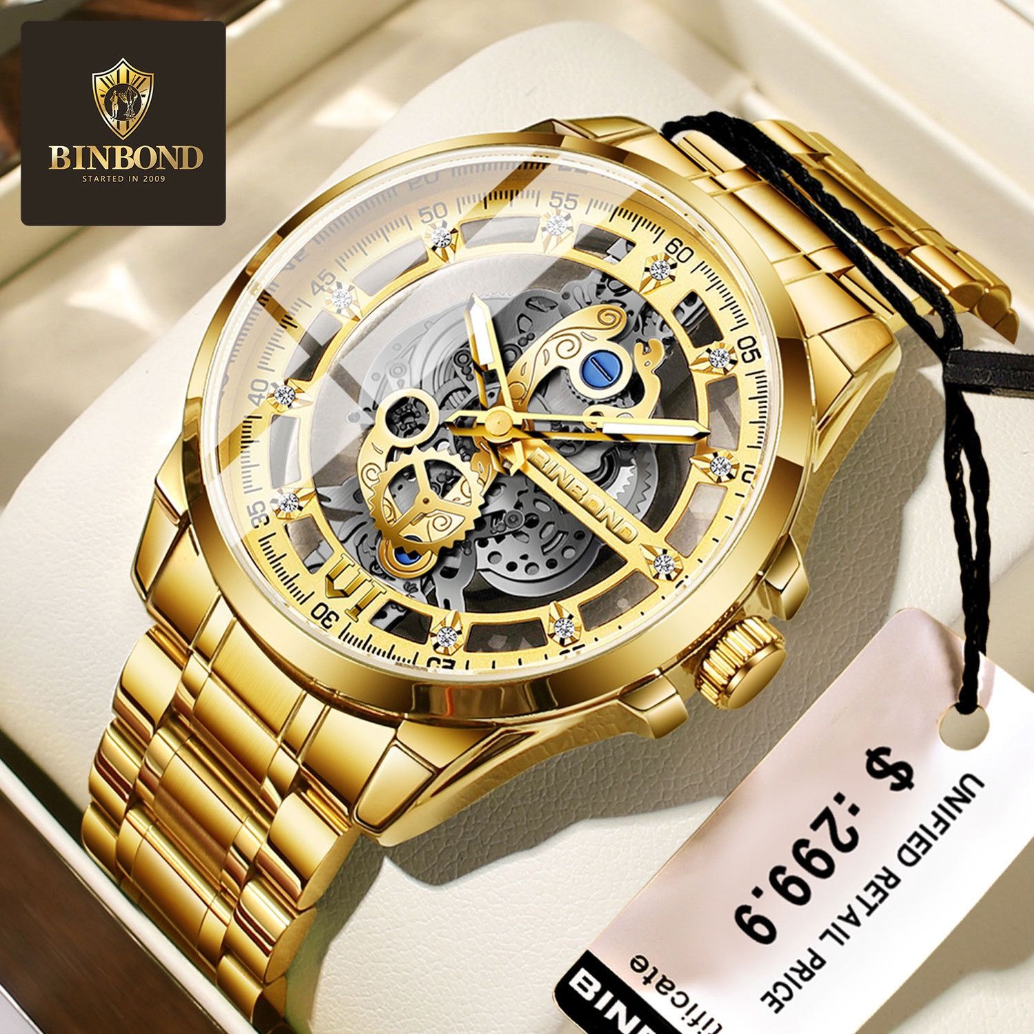BINBOND 2025 505 New Non Mechanical Men Quartz Watch Waterproof Luminous Hollow Diamond Inlaid Men's Quartz Wristwatch Clock