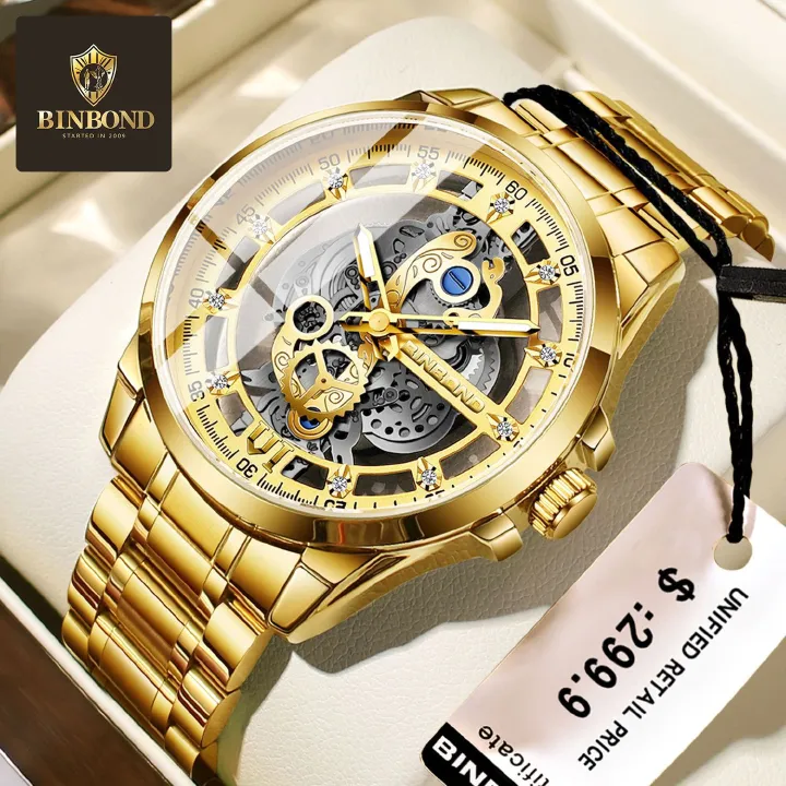 BINBOND 2025 505 New Non Mechanical Men Quartz Watch Waterproof Luminous Hollow Diamond Inlaid Men's Quartz Wristwatch Clock