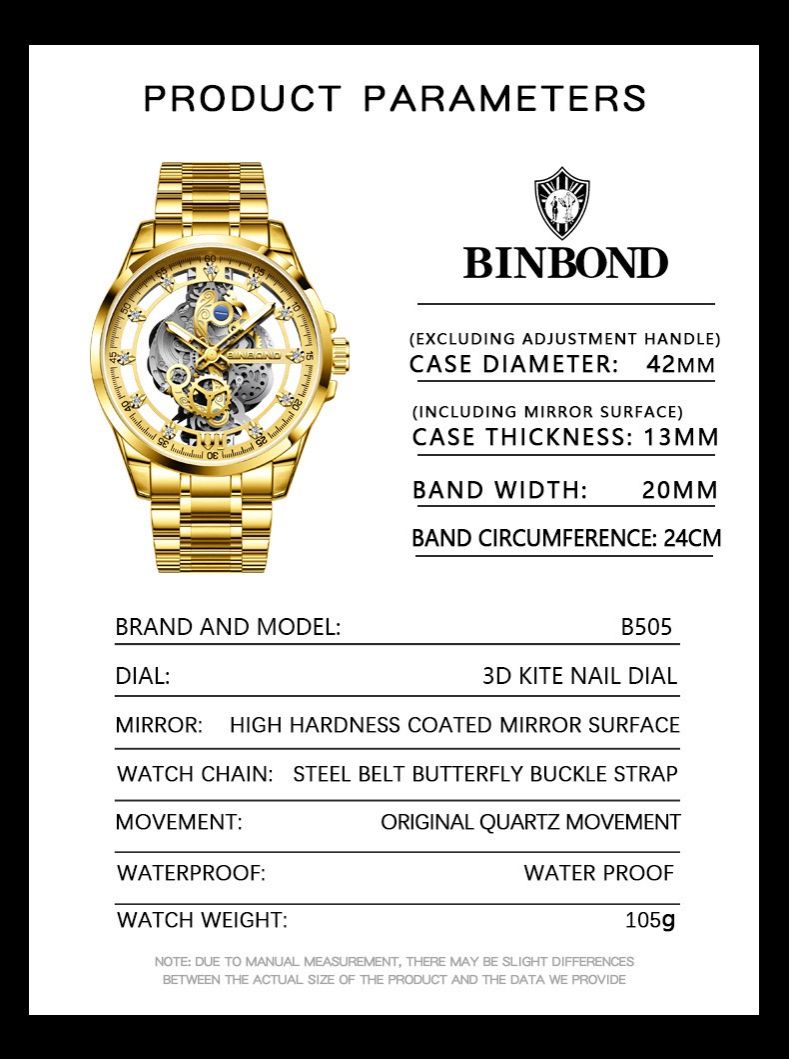 BINBOND 2025 505 New Non Mechanical Men Quartz Watch Waterproof Luminous Hollow Diamond Inlaid Men's Quartz Wristwatch Clock