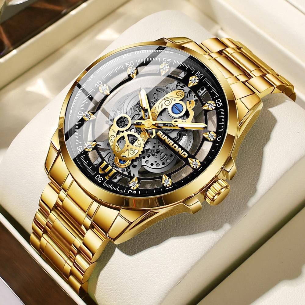 BINBOND 2025 505 New Non Mechanical Men Quartz Watch Waterproof Luminous Hollow Diamond Inlaid Men's Quartz Wristwatch Clock