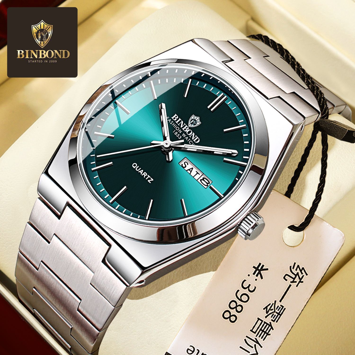 BINBOND B102 102 Luxury Men Quartz Watches Original Watch Waterproof Luminous Date Week Stainless Steel Wristwatch for Man Male