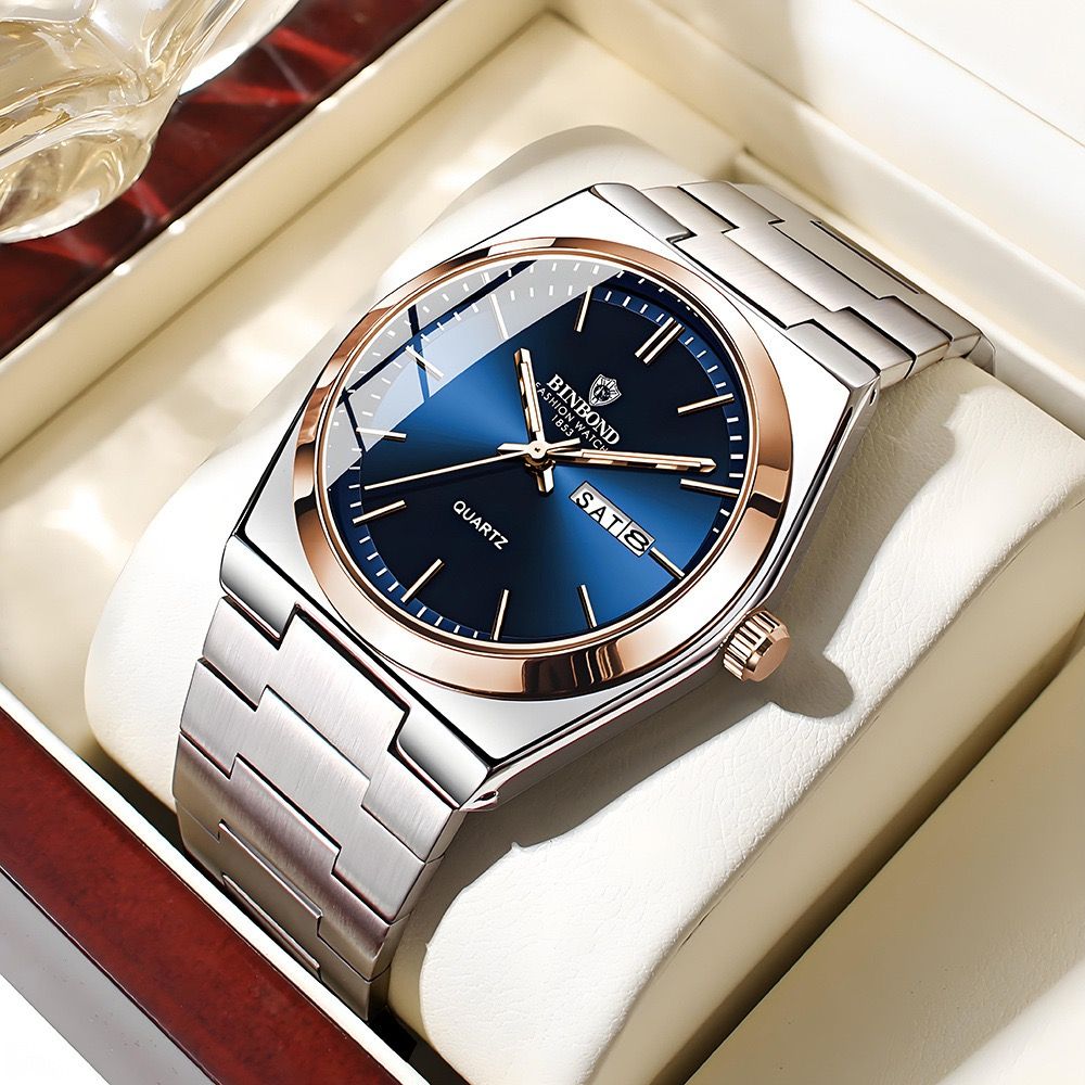BINBOND B102 102 Luxury Men Quartz Watches Original Watch Waterproof Luminous Date Week Stainless Steel Wristwatch for Man Male