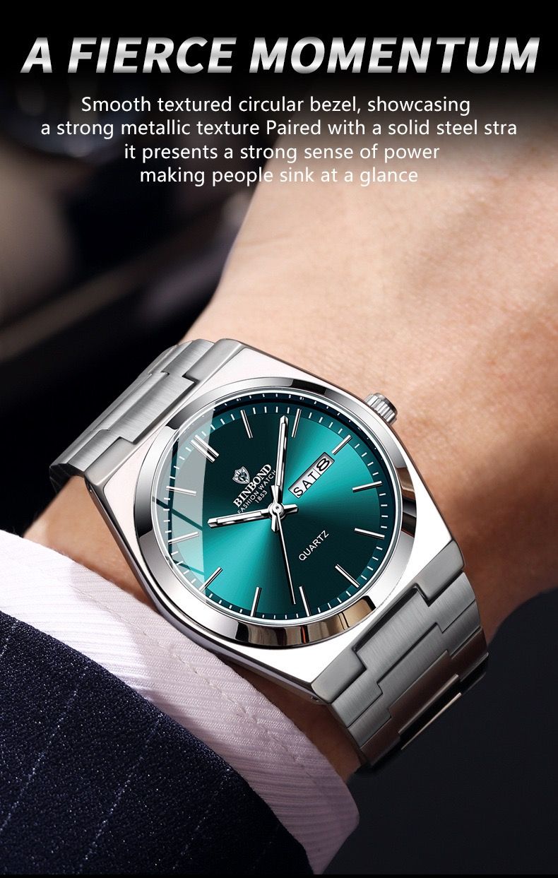 BINBOND B102 102 Luxury Men Quartz Watches Original Watch Waterproof Luminous Date Week Stainless Steel Wristwatch for Man Male