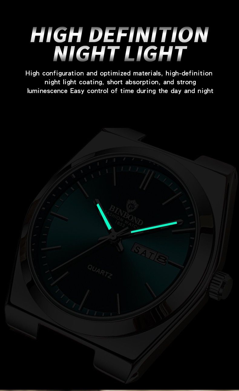 BINBOND B102 102 Luxury Men Quartz Watches Original Watch Waterproof Luminous Date Week Stainless Steel Wristwatch for Man Male