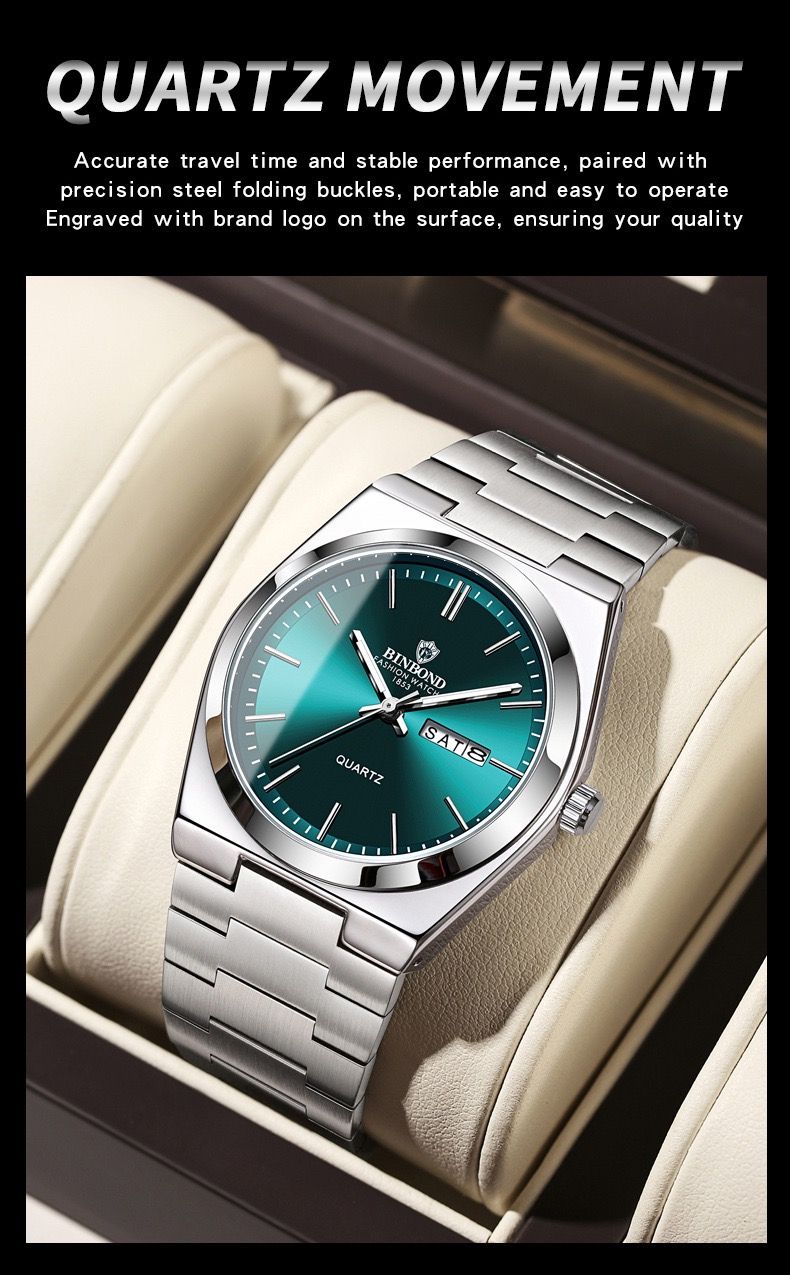 BINBOND B102 102 Luxury Men Quartz Watches Original Watch Waterproof Luminous Date Week Stainless Steel Wristwatch for Man Male
