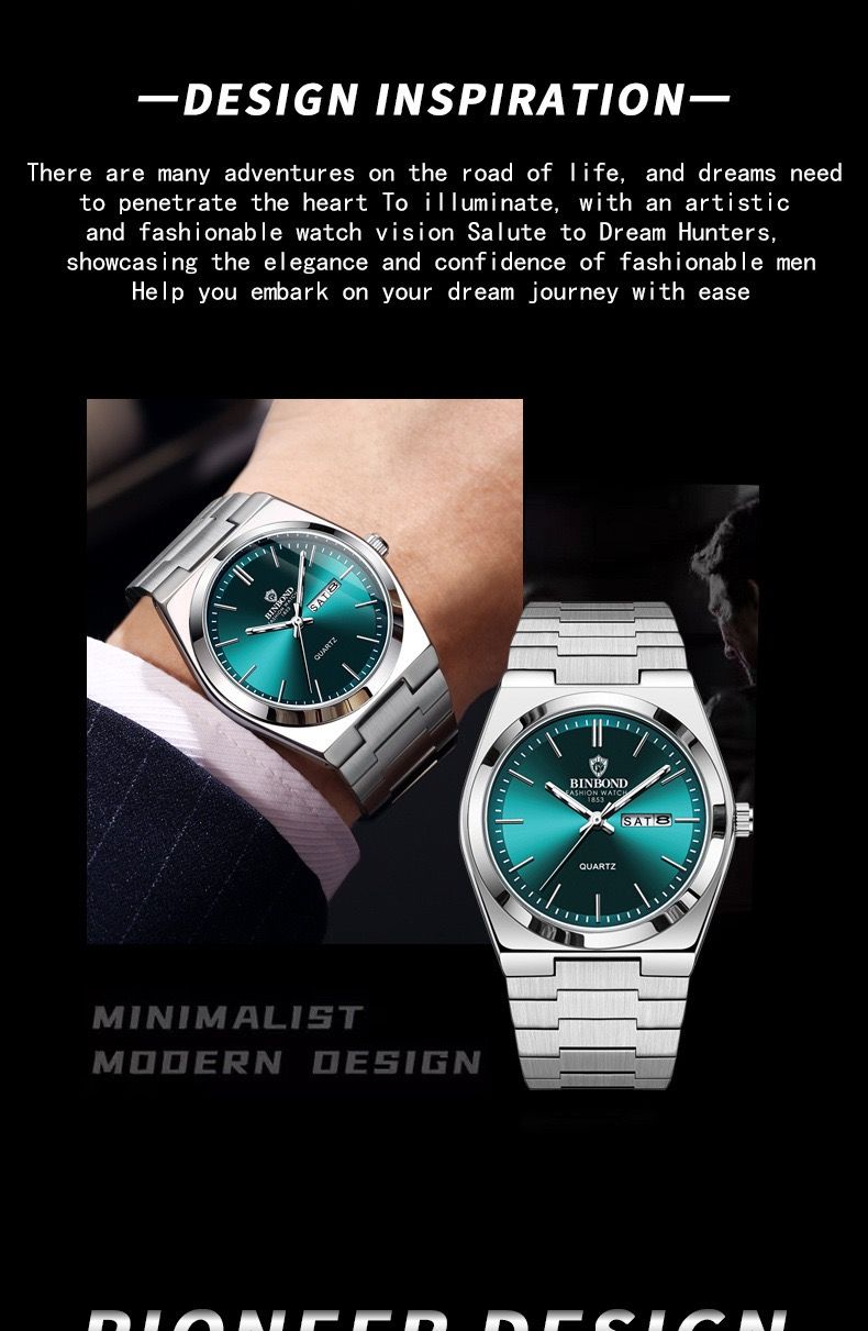 BINBOND B102 102 Luxury Men Quartz Watches Original Watch Waterproof Luminous Date Week Stainless Steel Wristwatch for Man Male