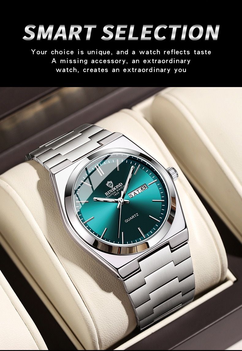 BINBOND B102 102 Luxury Men Quartz Watches Original Watch Waterproof Luminous Date Week Stainless Steel Wristwatch for Man Male