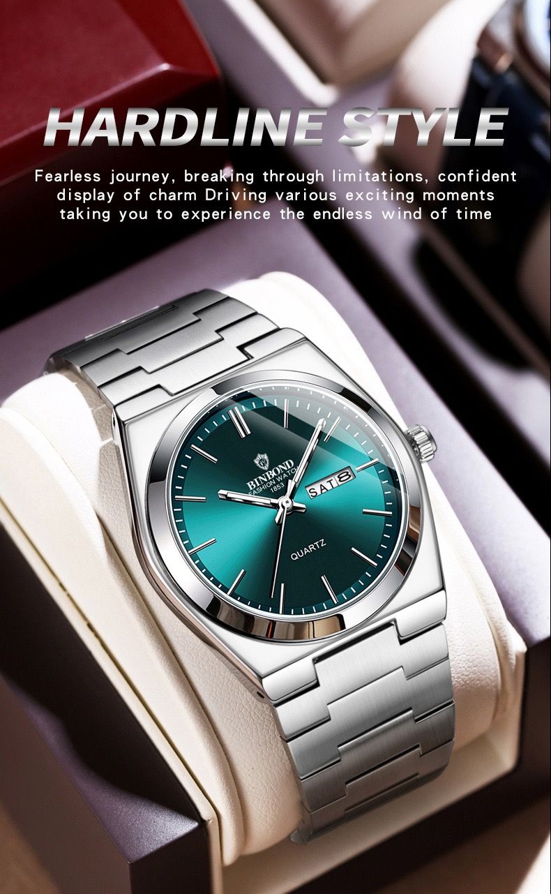 BINBOND B102 102 Luxury Men Quartz Watches Original Watch Waterproof Luminous Date Week Stainless Steel Wristwatch for Man Male