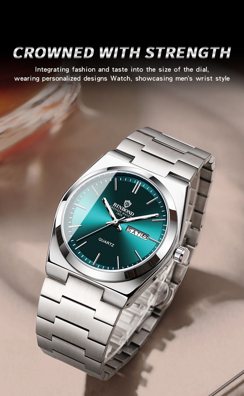 BINBOND B102 102 Luxury Men Quartz Watches Original Watch Waterproof Luminous Date Week Stainless Steel Wristwatch for Man Male