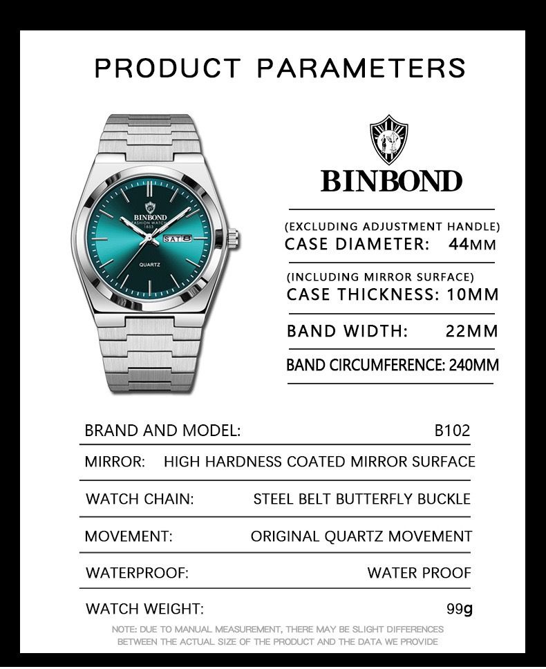 BINBOND B102 102 Luxury Men Quartz Watches Original Watch Waterproof Luminous Date Week Stainless Steel Wristwatch for Man Male