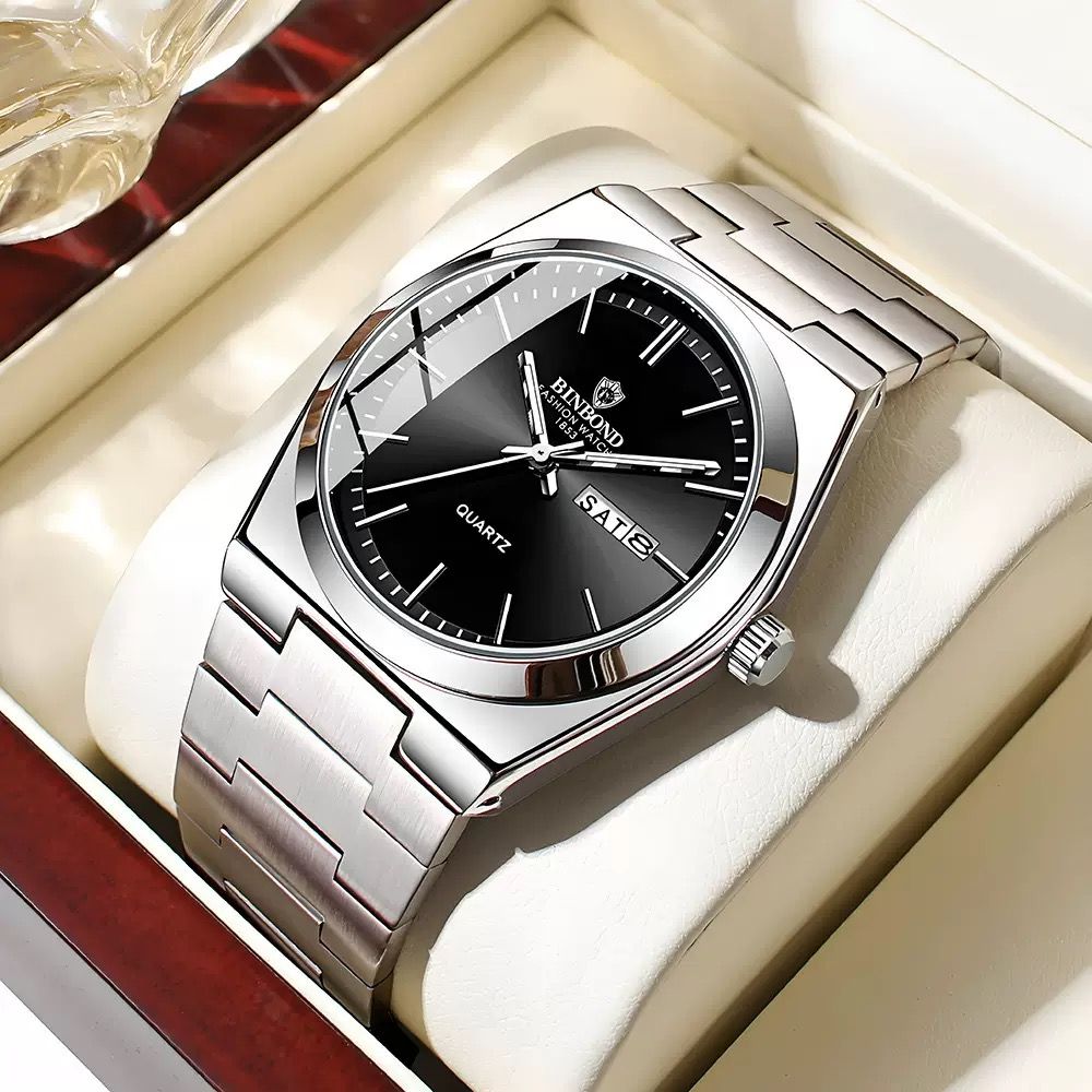 BINBOND B102 102 Luxury Men Quartz Watches Original Watch Waterproof Luminous Date Week Stainless Steel Wristwatch for Man Male