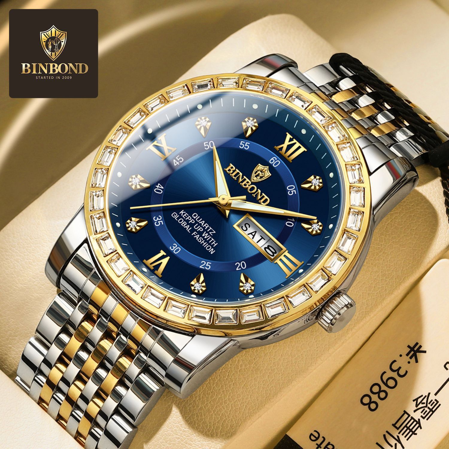 BINBOND Watch for Men B2202 2202 Steel Strap Quartz Wristwatches Luxury Jewelry Diamond Bracelet Mens Watches Relogio Masculino