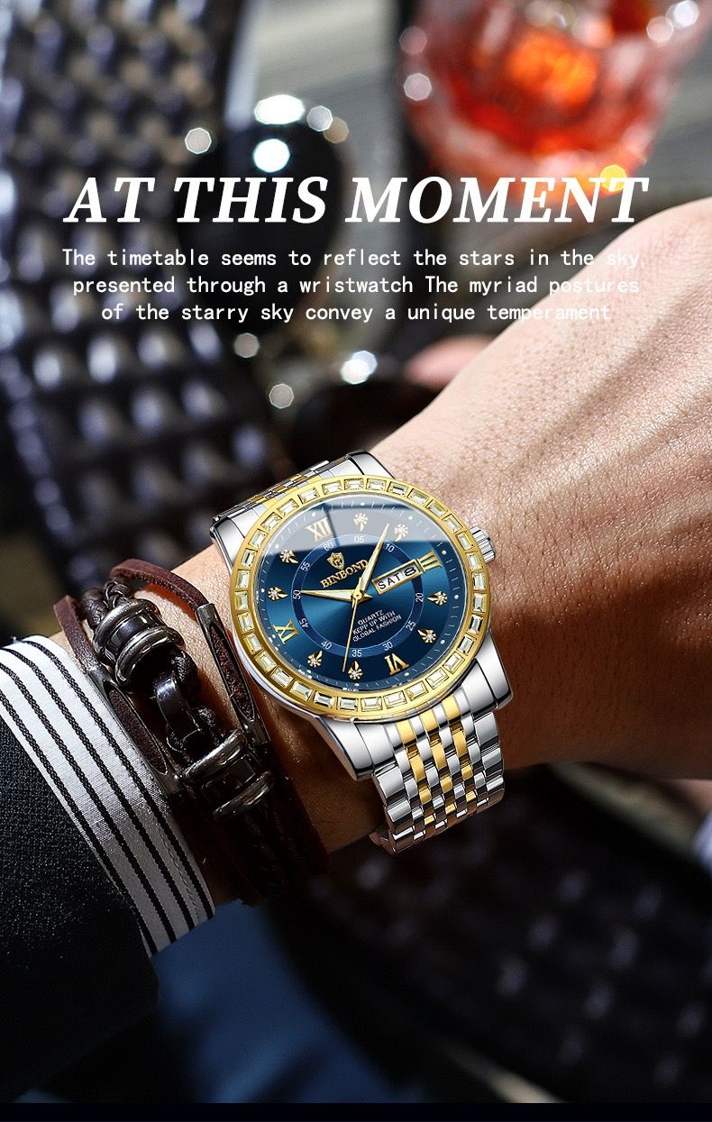 BINBOND Watch for Men B2202 2202 Steel Strap Quartz Wristwatches Luxury Jewelry Diamond Bracelet Mens Watches Relogio Masculino
