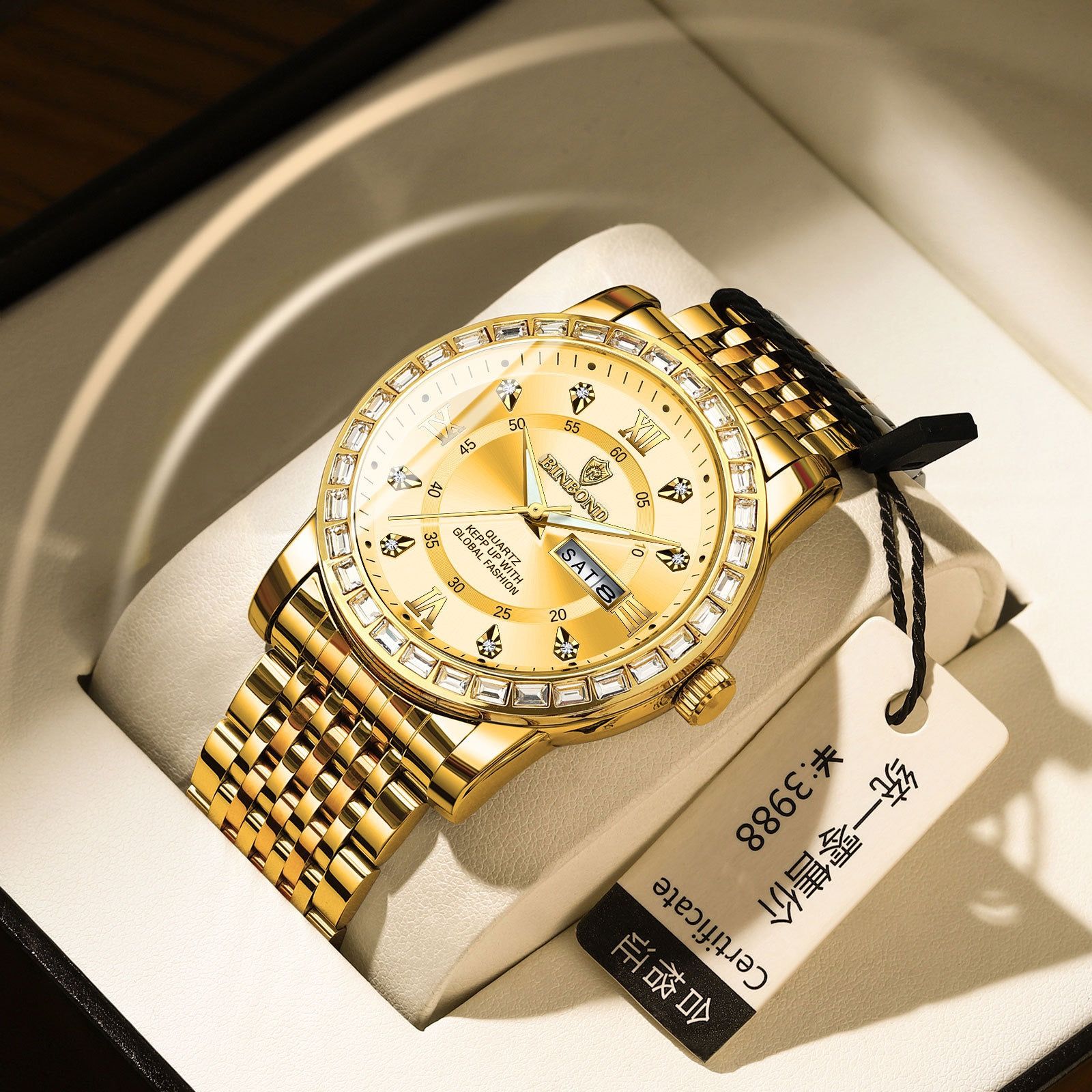 BINBOND Watch for Men B2202 2202 Steel Strap Quartz Wristwatches Luxury Jewelry Diamond Bracelet Mens Watches Relogio Masculino