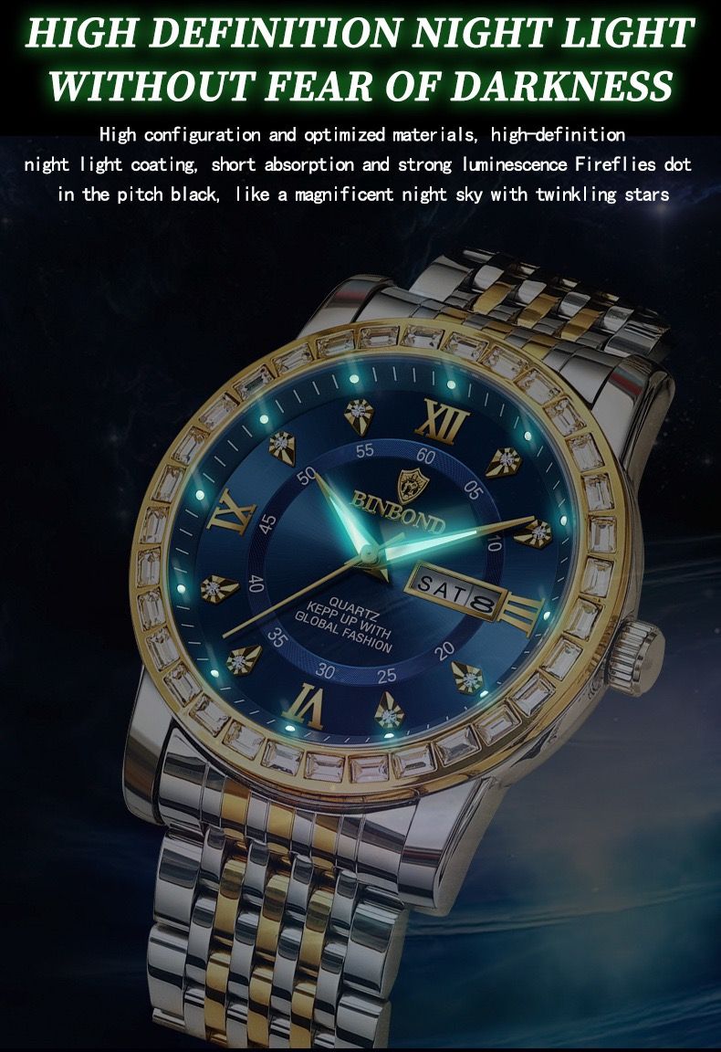 BINBOND Watch for Men B2202 2202 Steel Strap Quartz Wristwatches Luxury Jewelry Diamond Bracelet Mens Watches Relogio Masculino