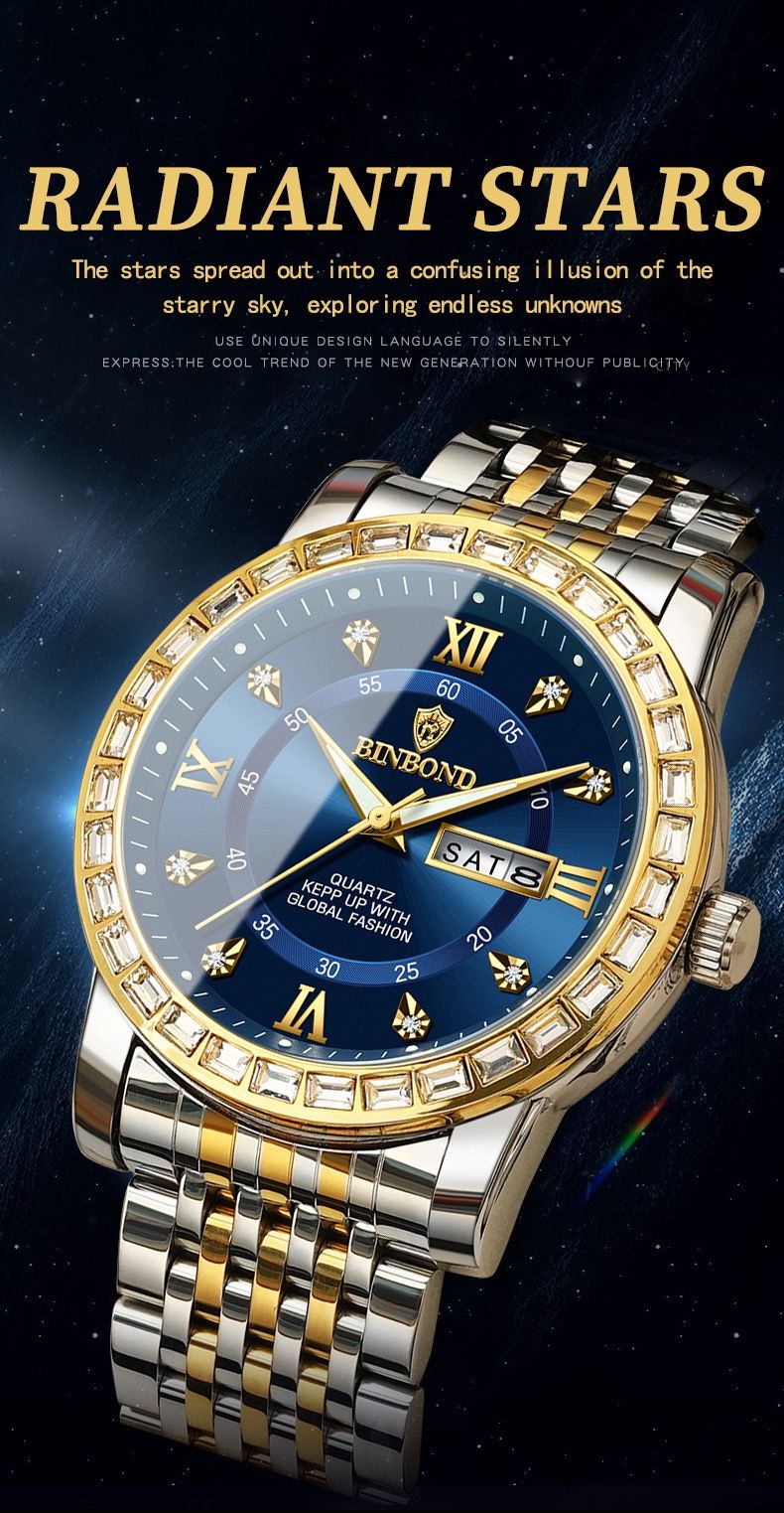 BINBOND Watch for Men B2202 2202 Steel Strap Quartz Wristwatches Luxury Jewelry Diamond Bracelet Mens Watches Relogio Masculino