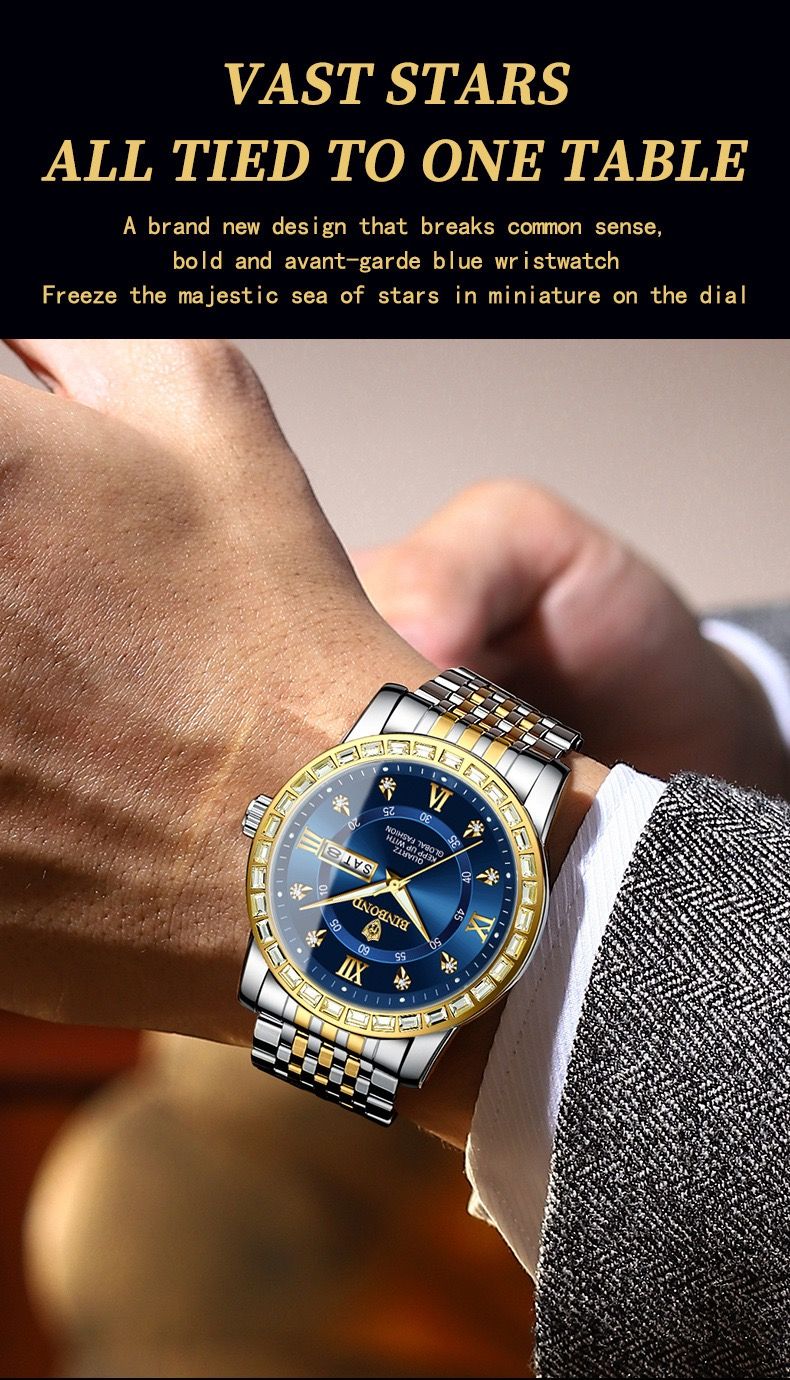 BINBOND Watch for Men B2202 2202 Steel Strap Quartz Wristwatches Luxury Jewelry Diamond Bracelet Mens Watches Relogio Masculino