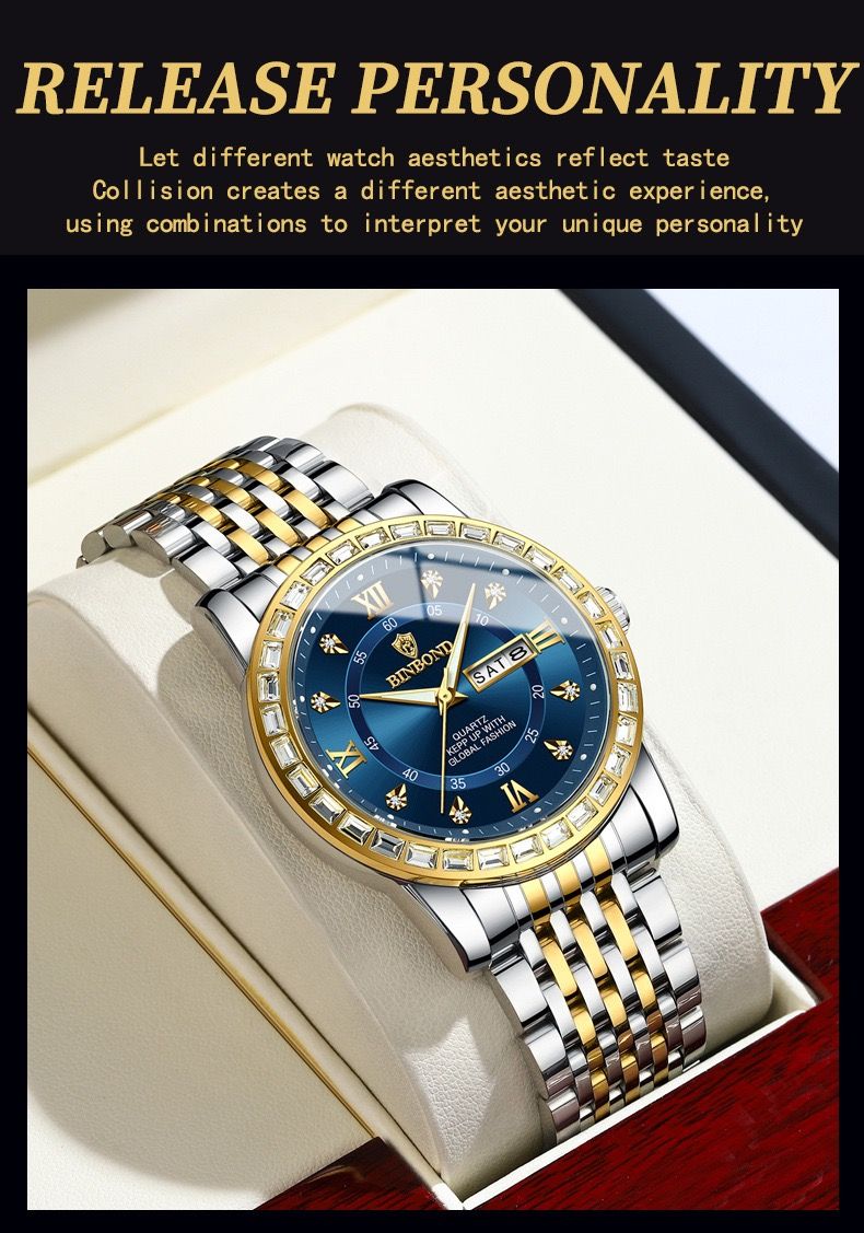 BINBOND Watch for Men B2202 2202 Steel Strap Quartz Wristwatches Luxury Jewelry Diamond Bracelet Mens Watches Relogio Masculino